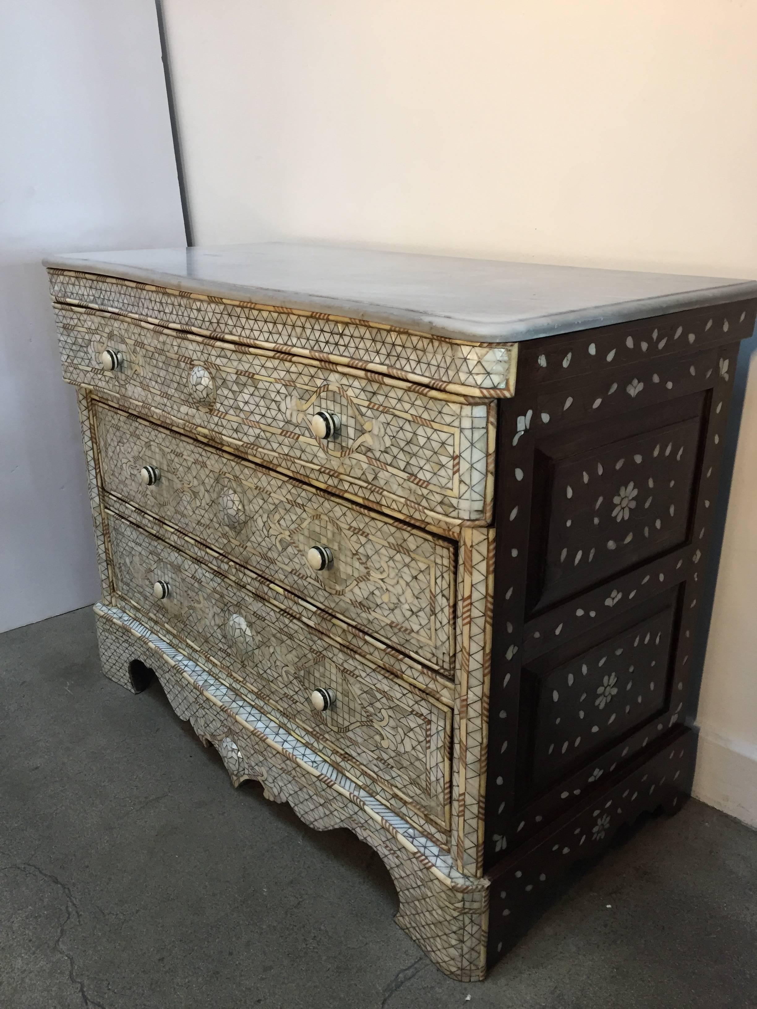 Moorish White Syrian Wedding Chest of Drawers Inlay with Mother-of-Pearl