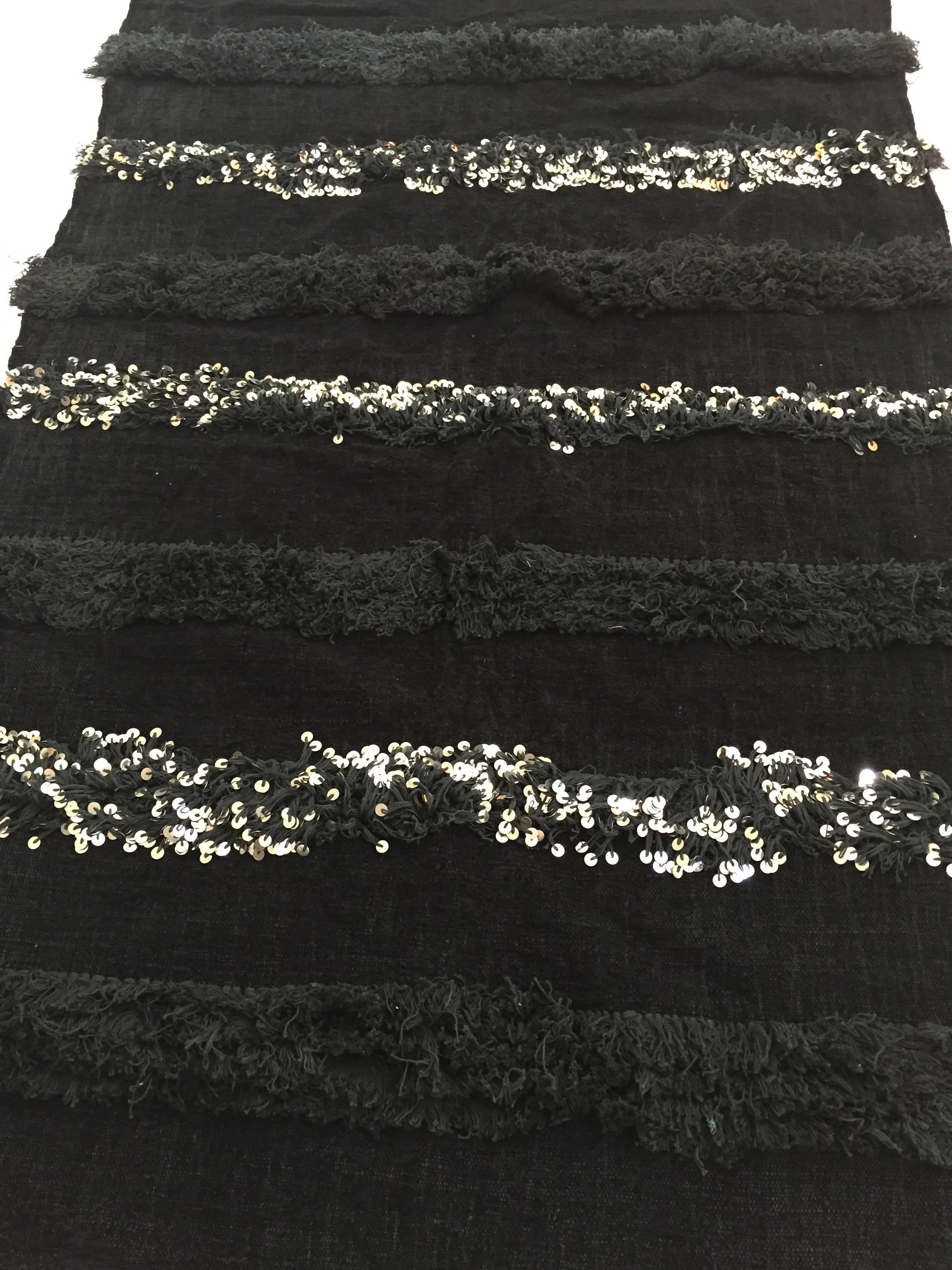 Vintage Black Moroccan Throw Blanket Tribal Textile with Silver Sequins 2