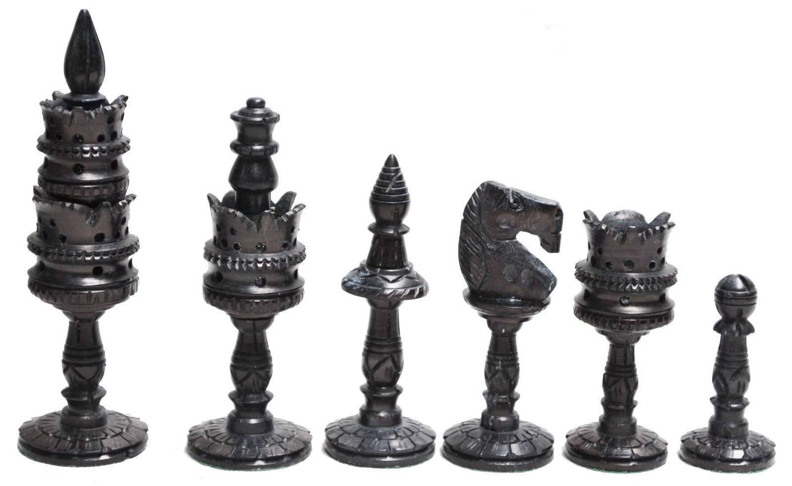 Large Vizagapatam Chess Set with Elaborately Hand-Carved Bone Chess Pieces In Excellent Condition In North Hollywood, CA