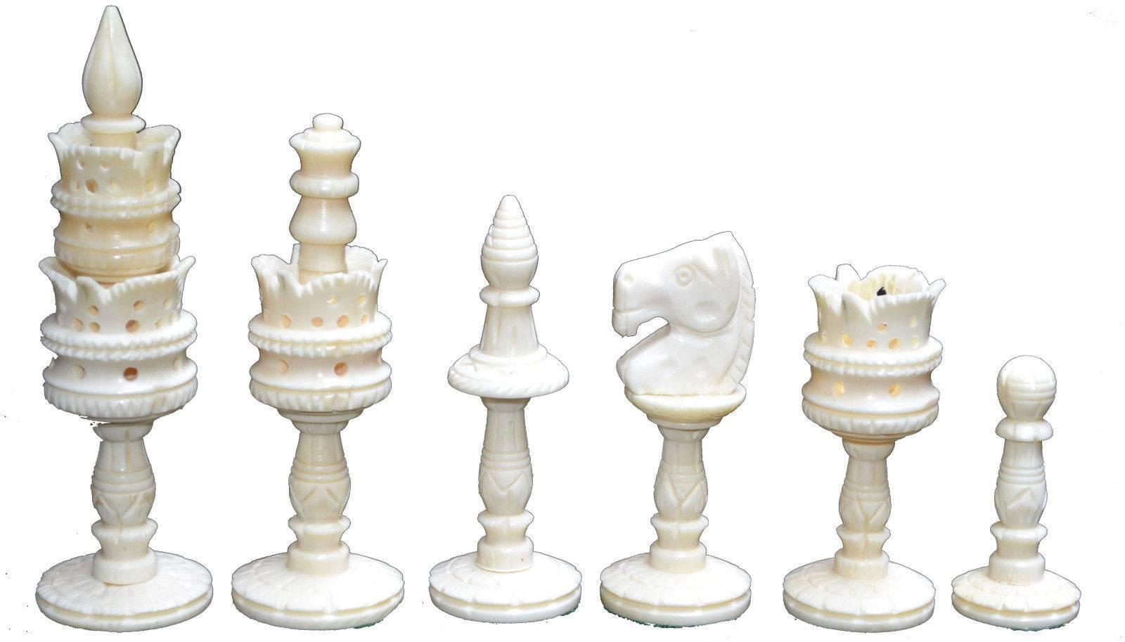 20th Century Large Vizagapatam Chess Set with Elaborately Hand-Carved Bone Chess Pieces