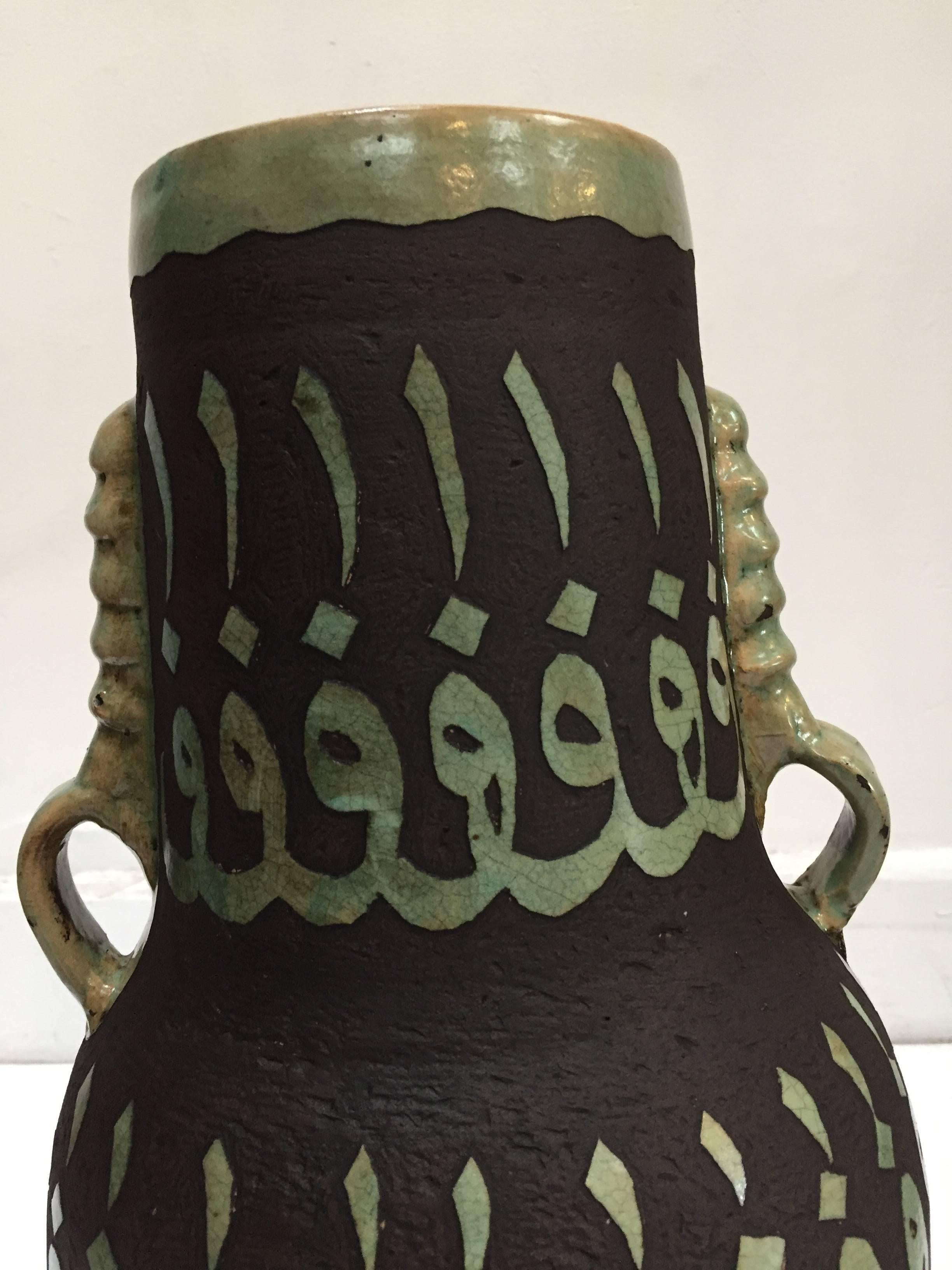Hand-Carved Pair of Green Moroccan Ceramic Vases with Chiseled Arabic Calligraphy Writing For Sale