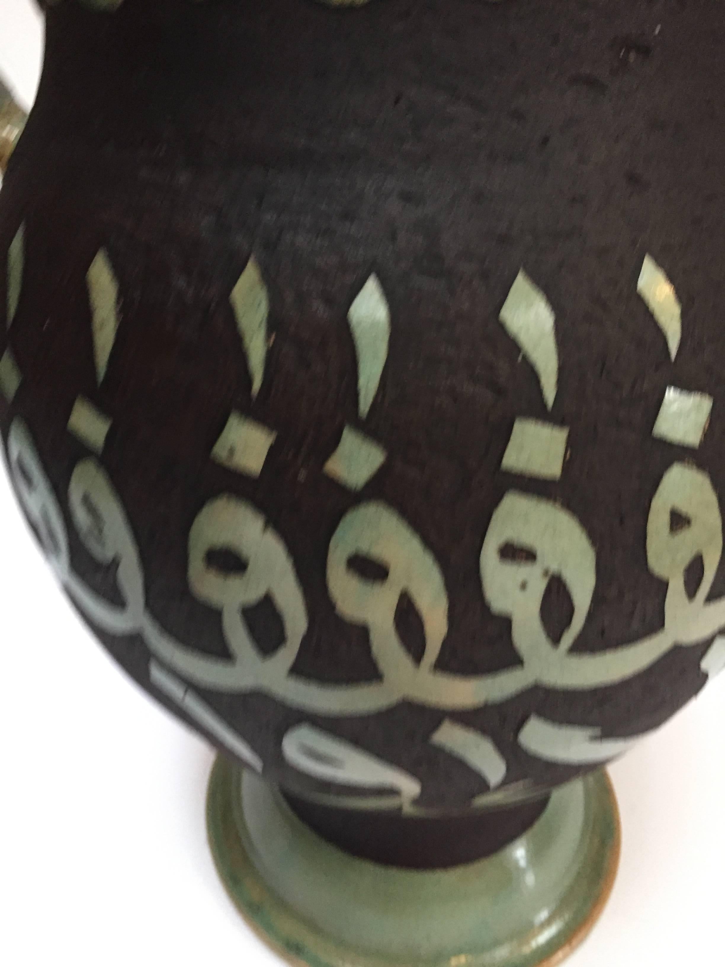 20th Century Pair of Green Moroccan Ceramic Vases with Chiseled Arabic Calligraphy Writing For Sale