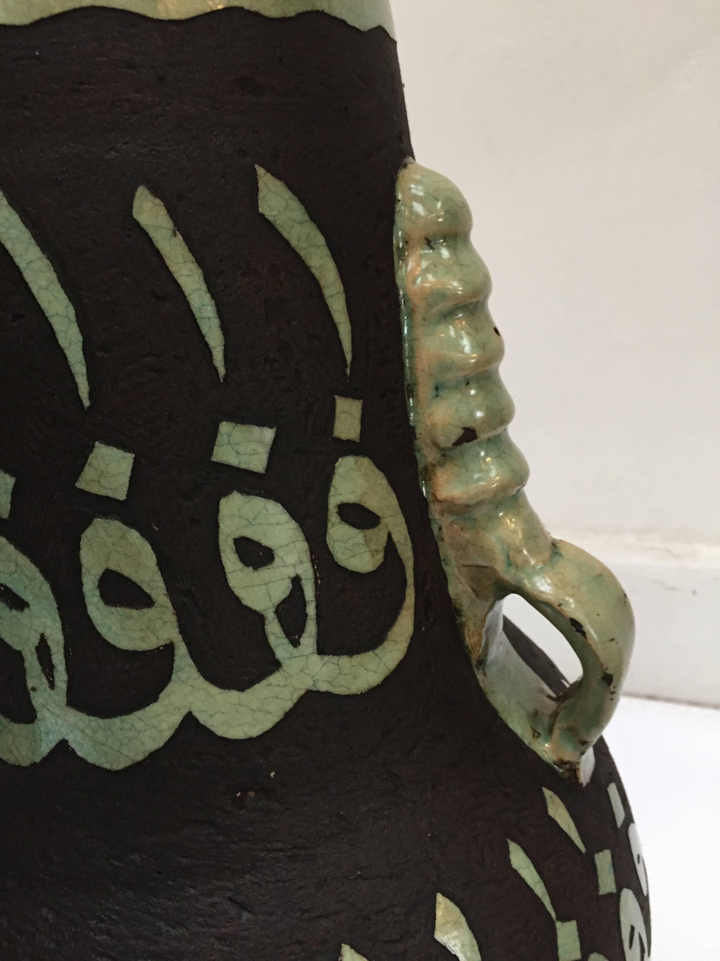Pair of Green Moroccan Ceramic Vases with Chiseled Arabic Calligraphy Writing For Sale 2