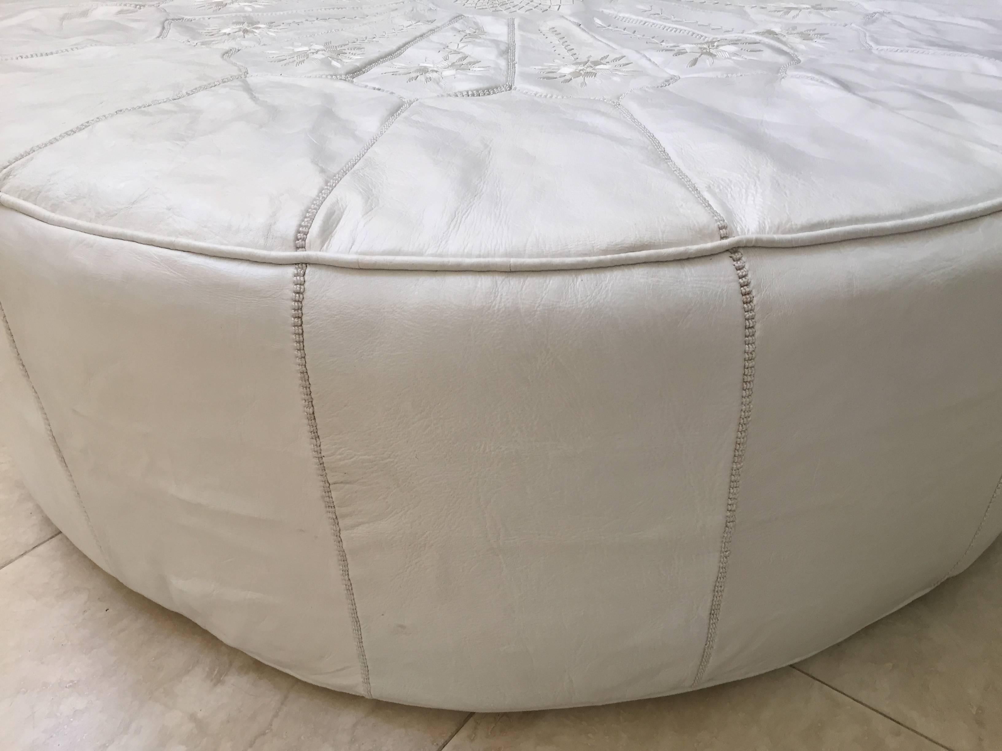 Moroccan Large Round White Leather Table Ottoman