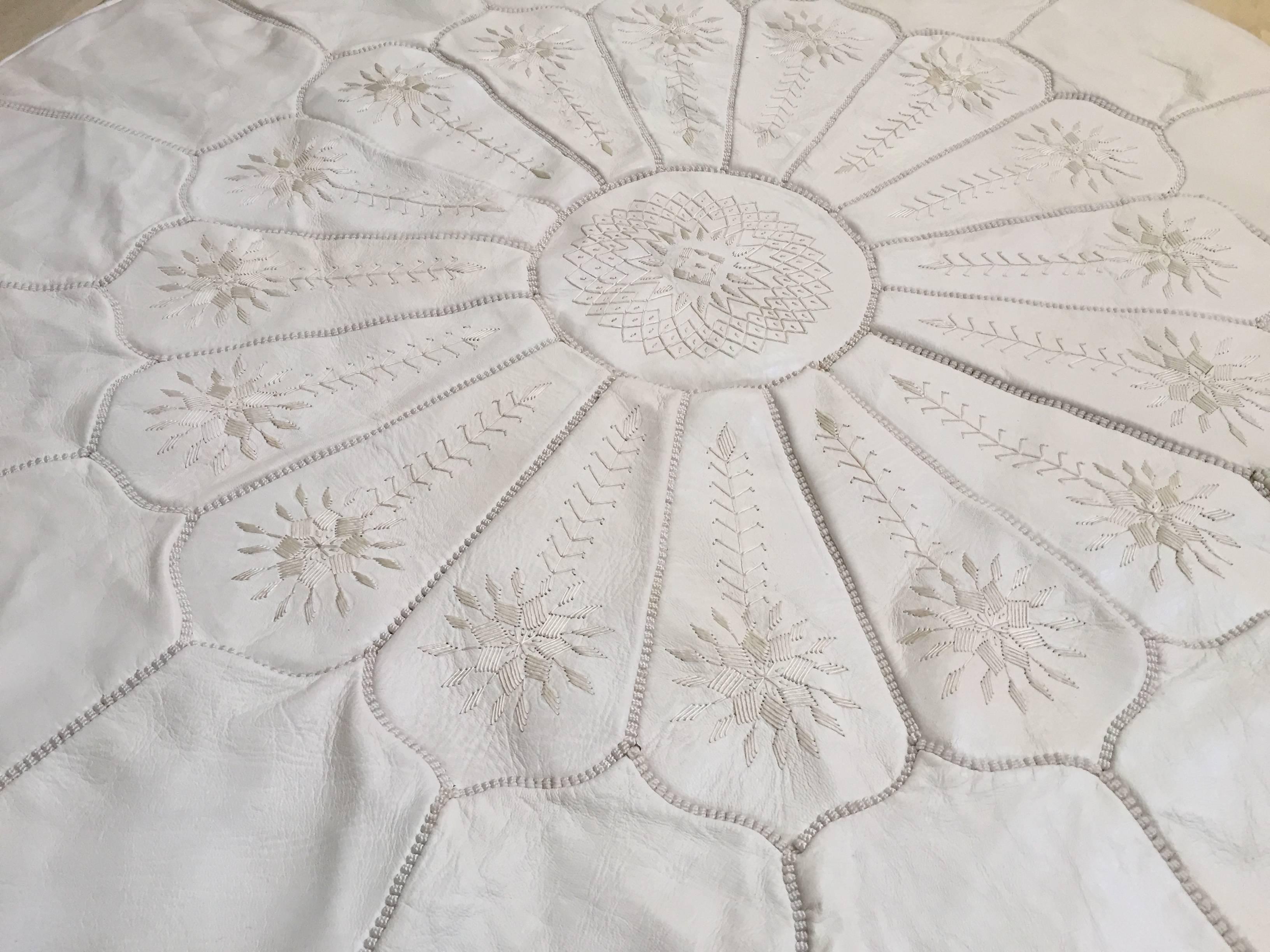 Embroidered Large Round White Leather Table Ottoman