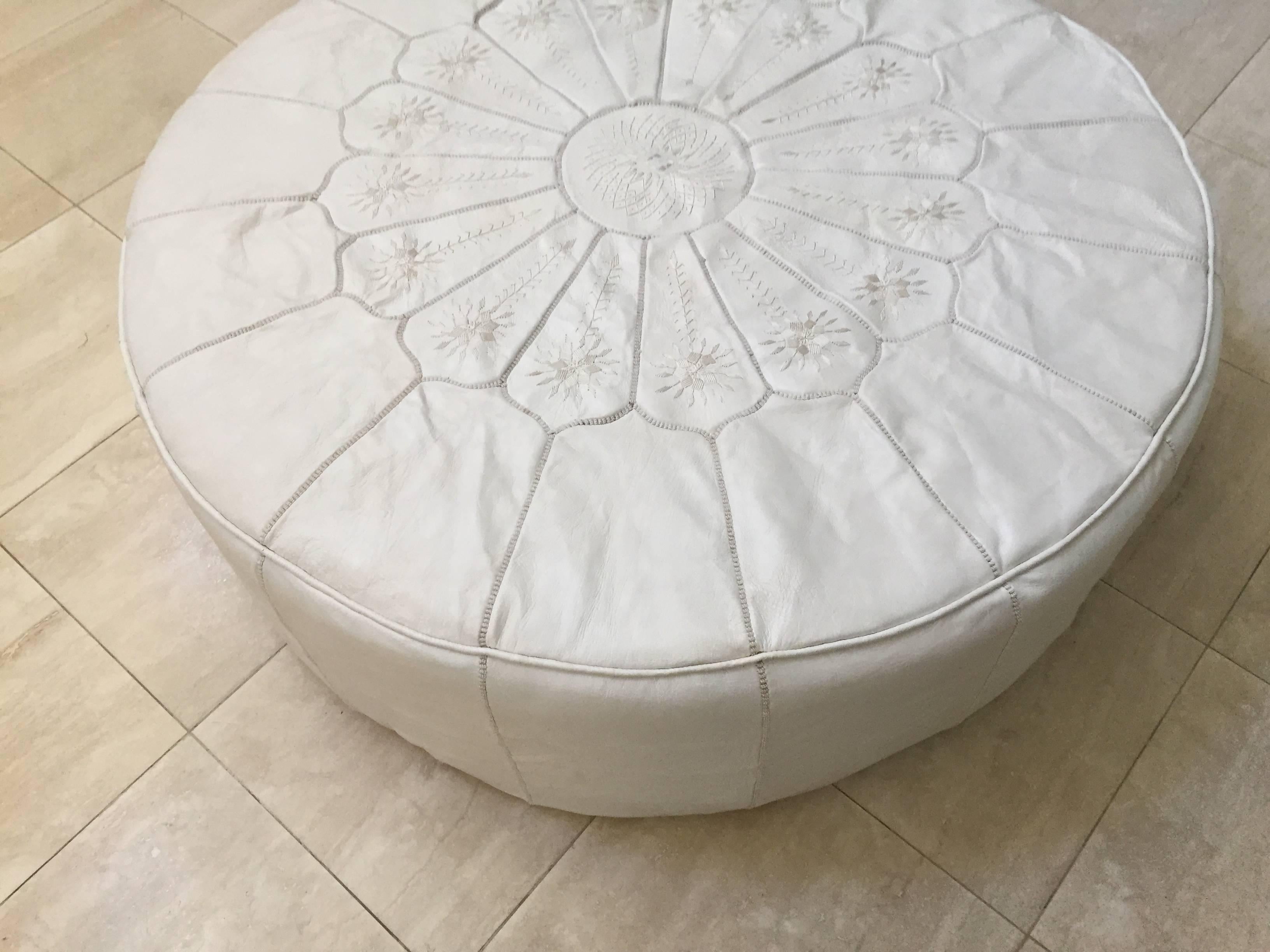 Contemporary Large Round White Leather Table Ottoman