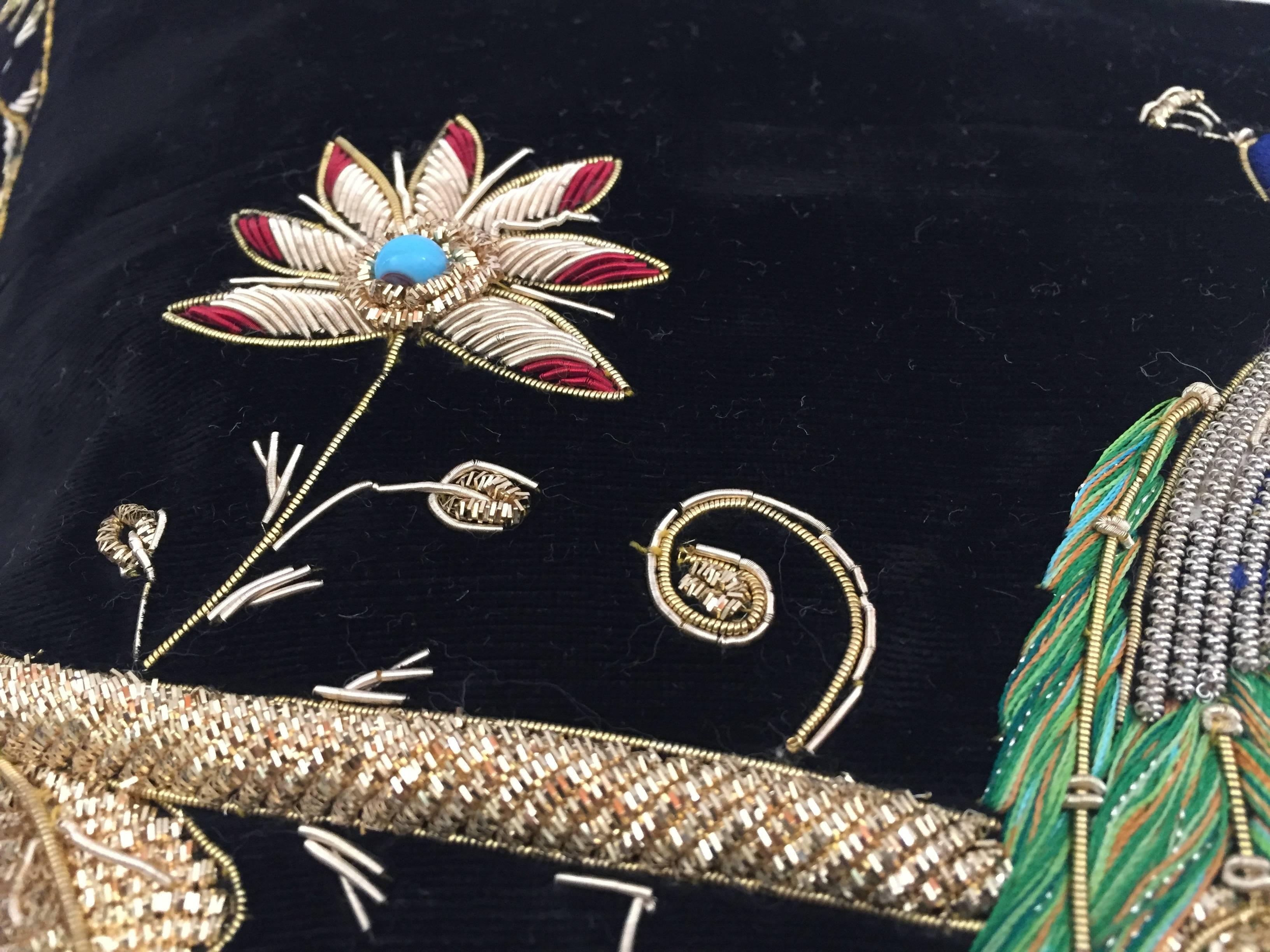 Agra Black Velvet Silk Throw Pillow Embroidered with Gold Peacock Design