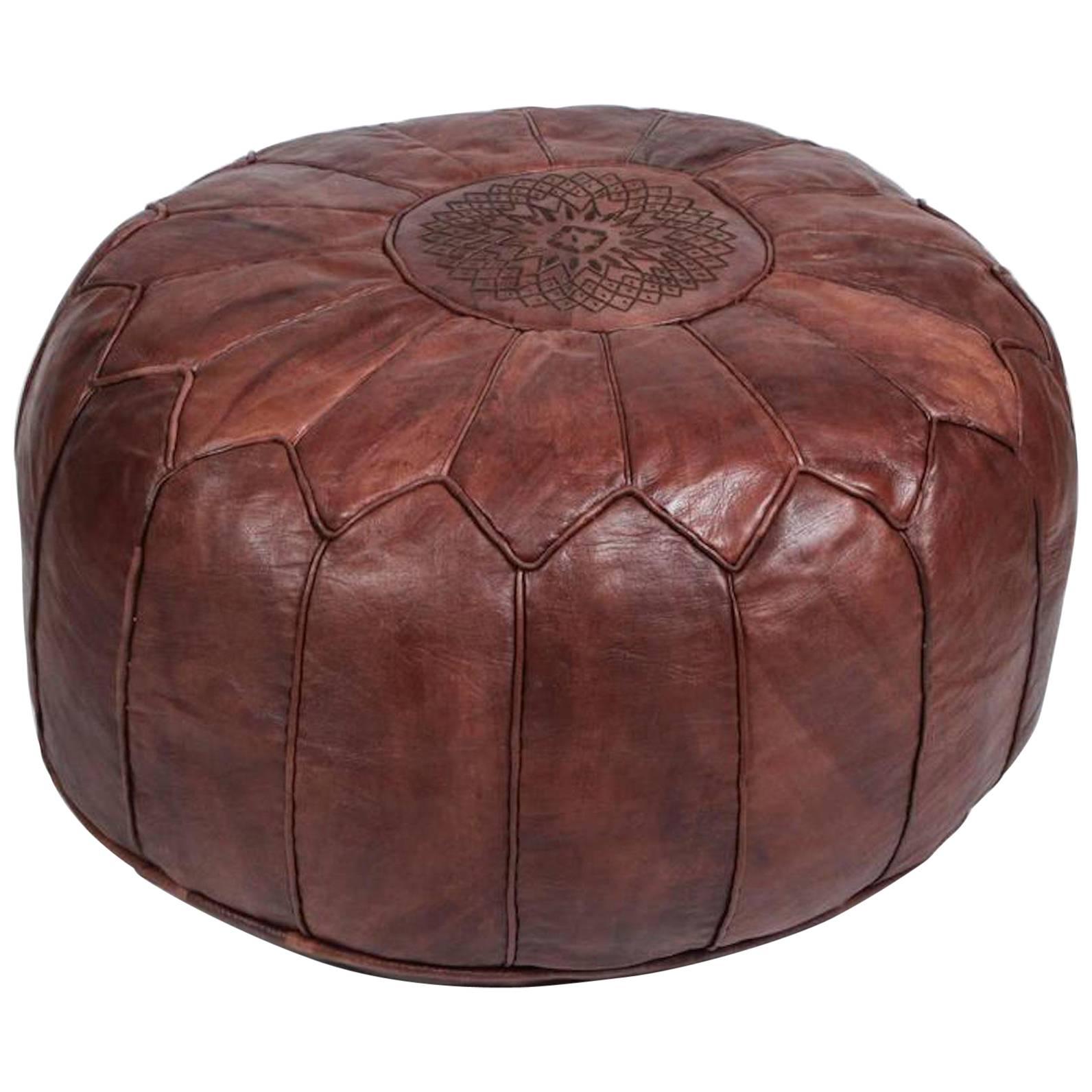 Vintage Moroccan Leather Pouf in Chocolate Brown Hand Tooled In Marrakech For Sale