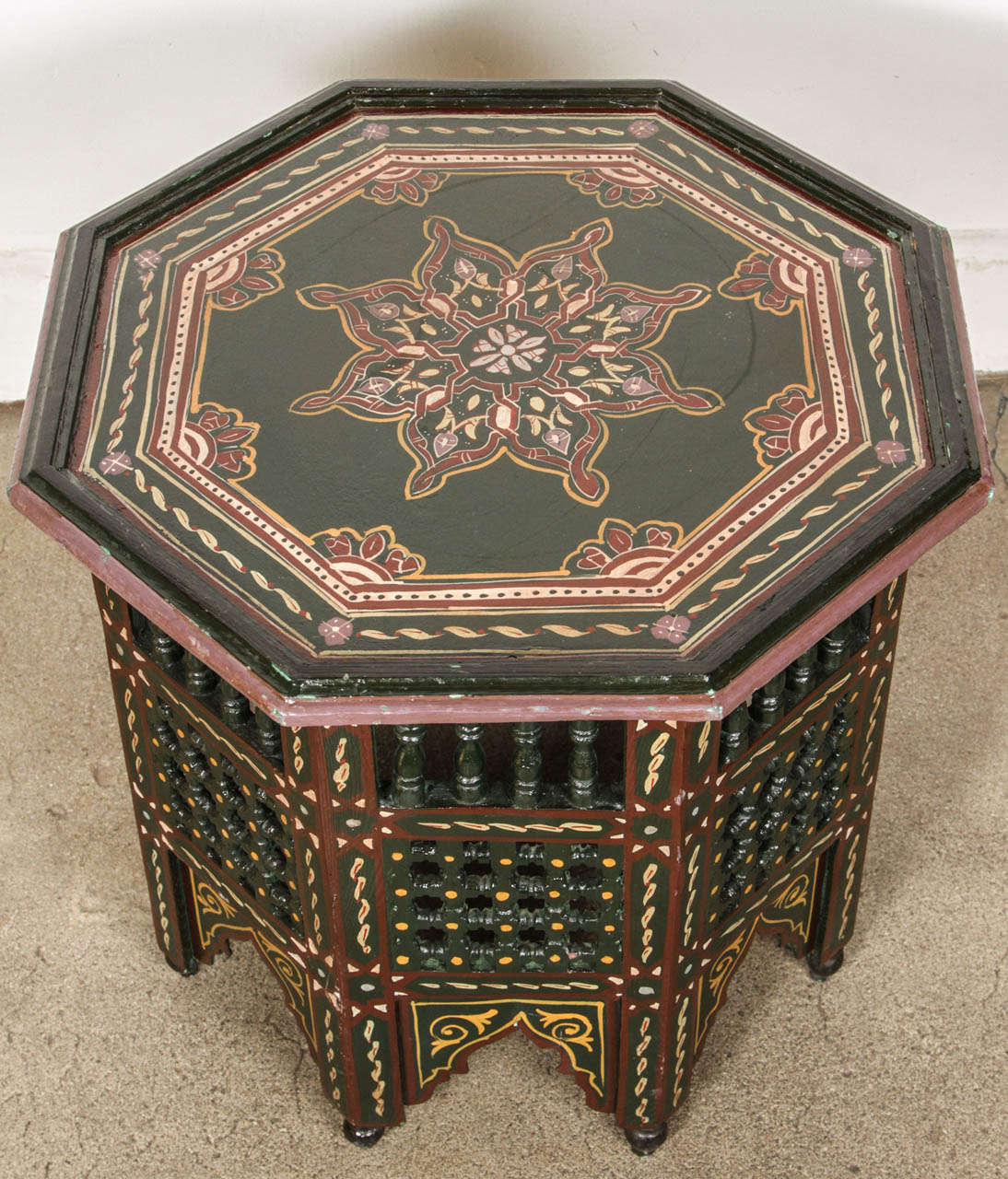 Wood Pair of Moroccan Hand-Painted Dark Green Side Table