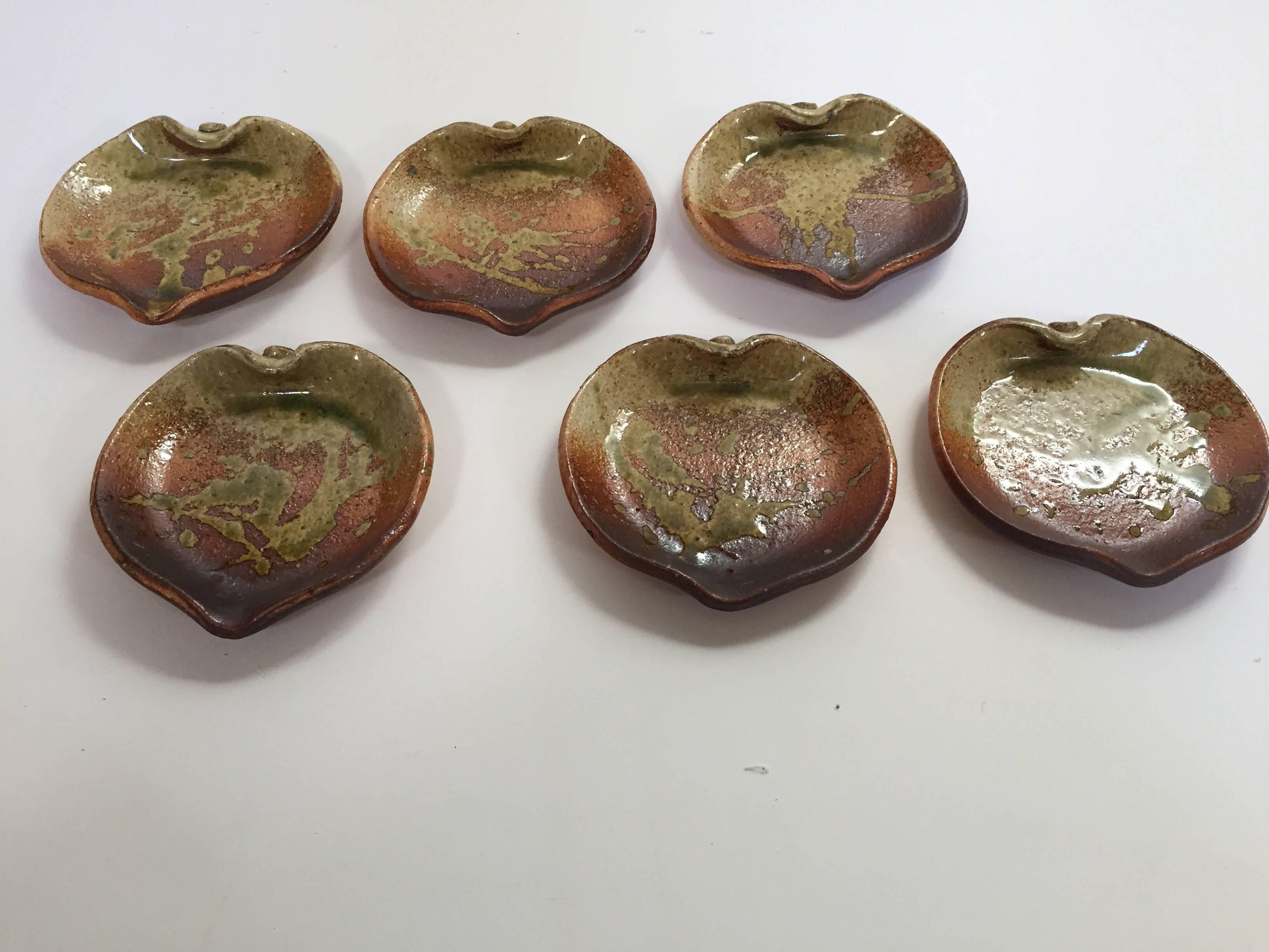 Ceramic Stoneware Leaf Form Ashtrays Candle Holders Set of Six 1