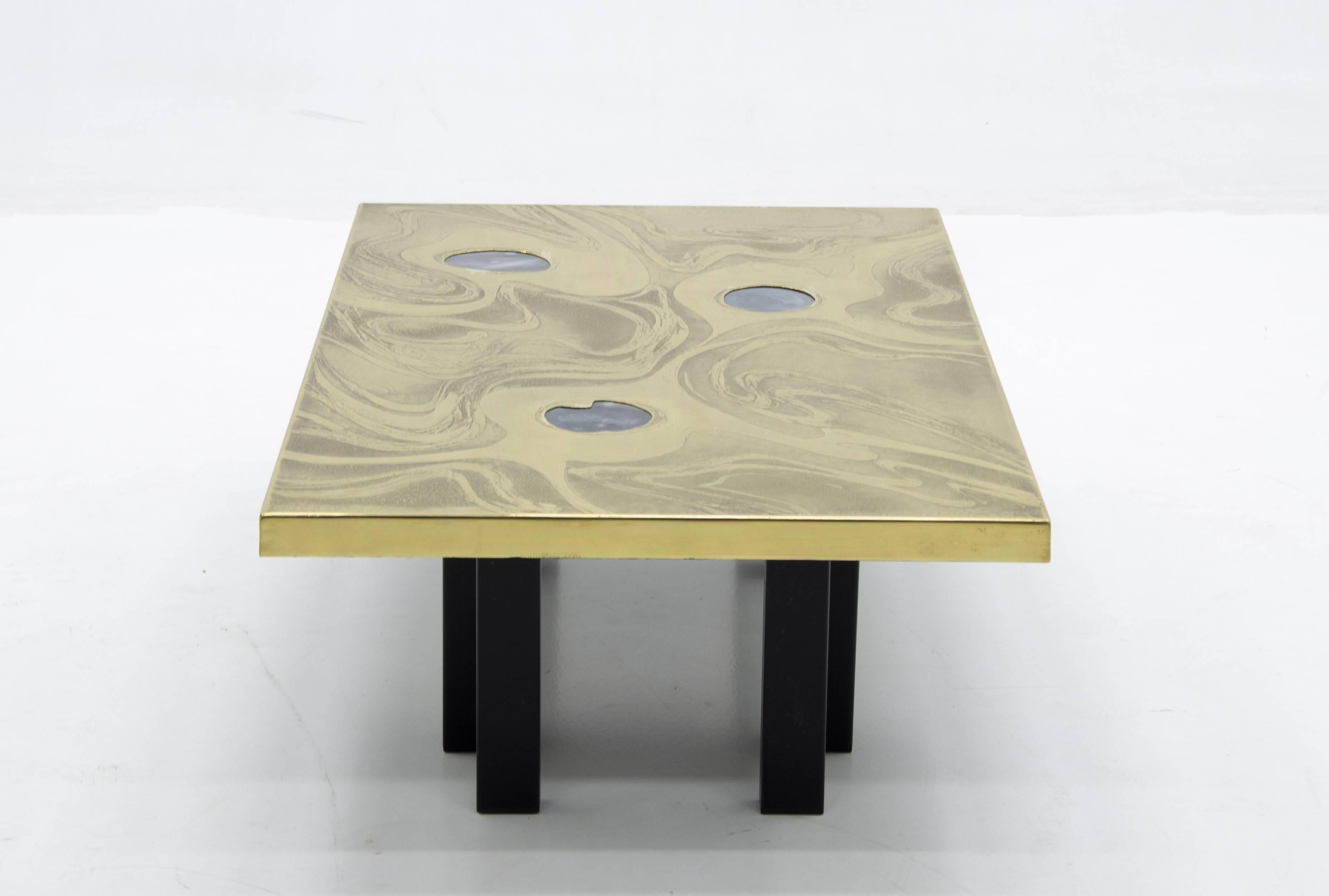 Mid-Century Modern Etched Brass Coffee Table with Three Blue Agates For Sale