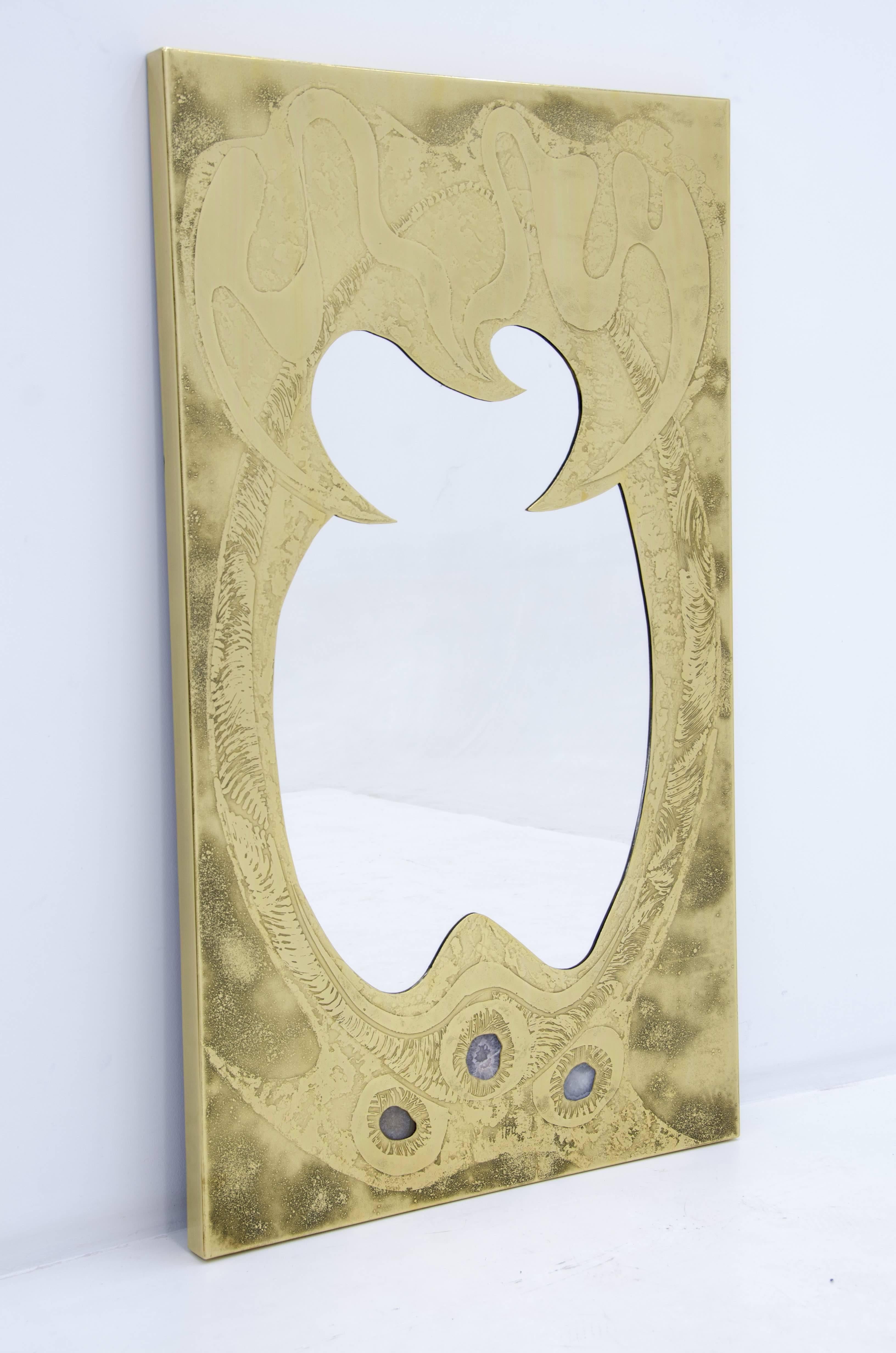 Etched brass mirror by Willy Daro, inlay by three agates.