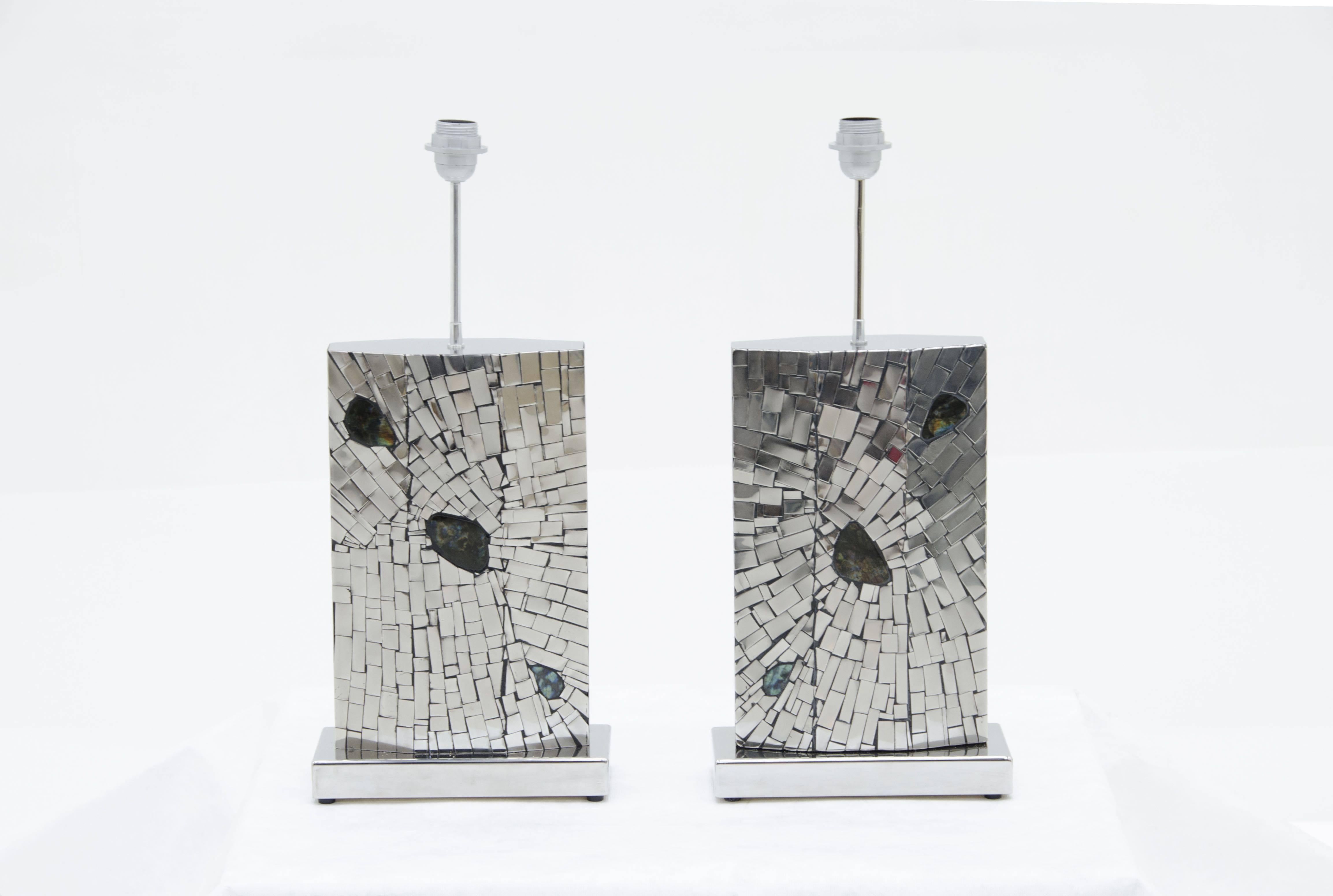 Pair of lamps mosaic stainless steel inlaid Labradorite by Stan Usel.
These pieces are made exclusively and distributed in USA for Saint Germain antiques. Exceptional craftsmanship. All pieces can be custom made to order. Signed by the