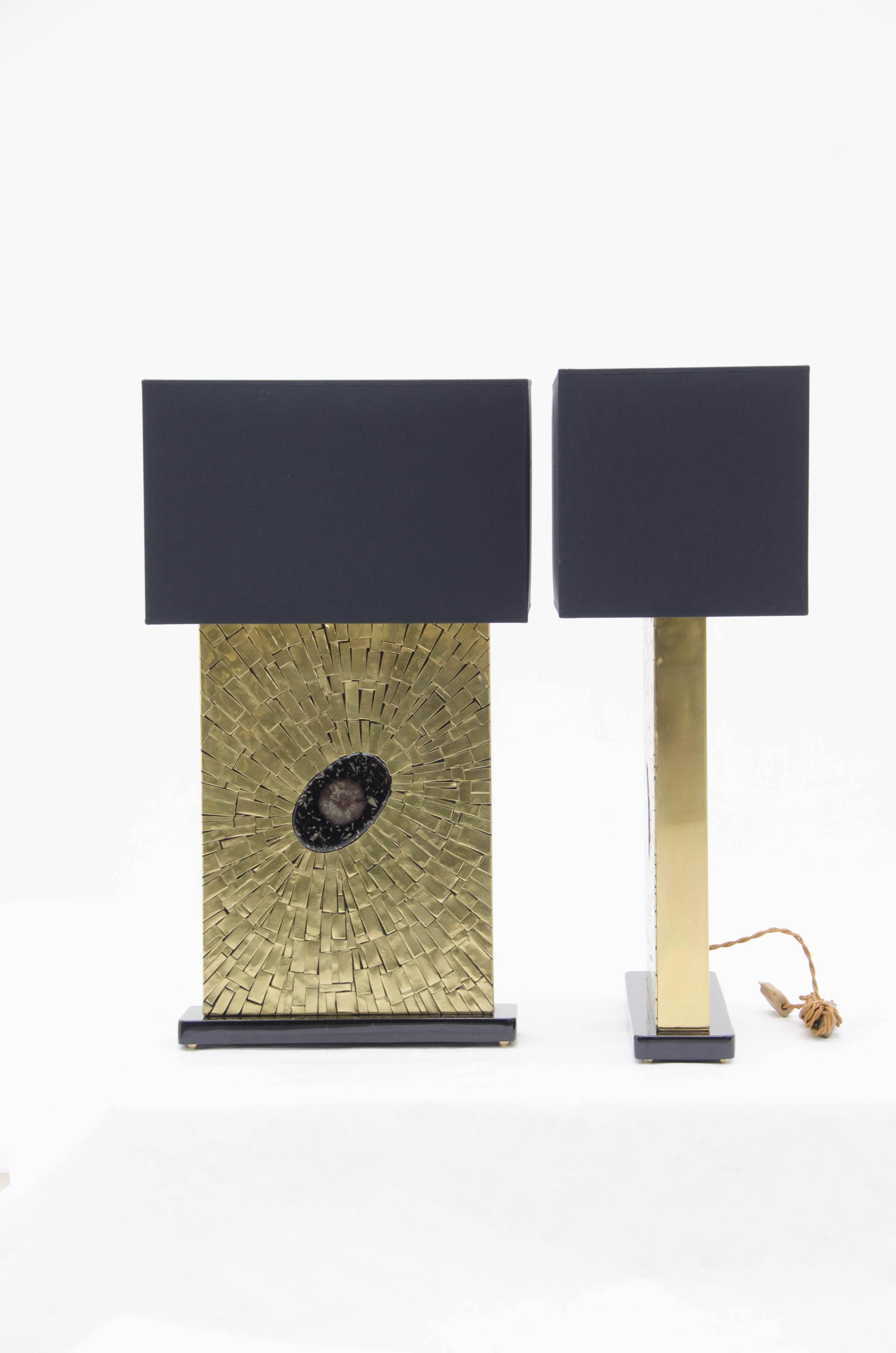 Inlay Pair of Brass Mosaic Lamps by Stan Usel For Sale