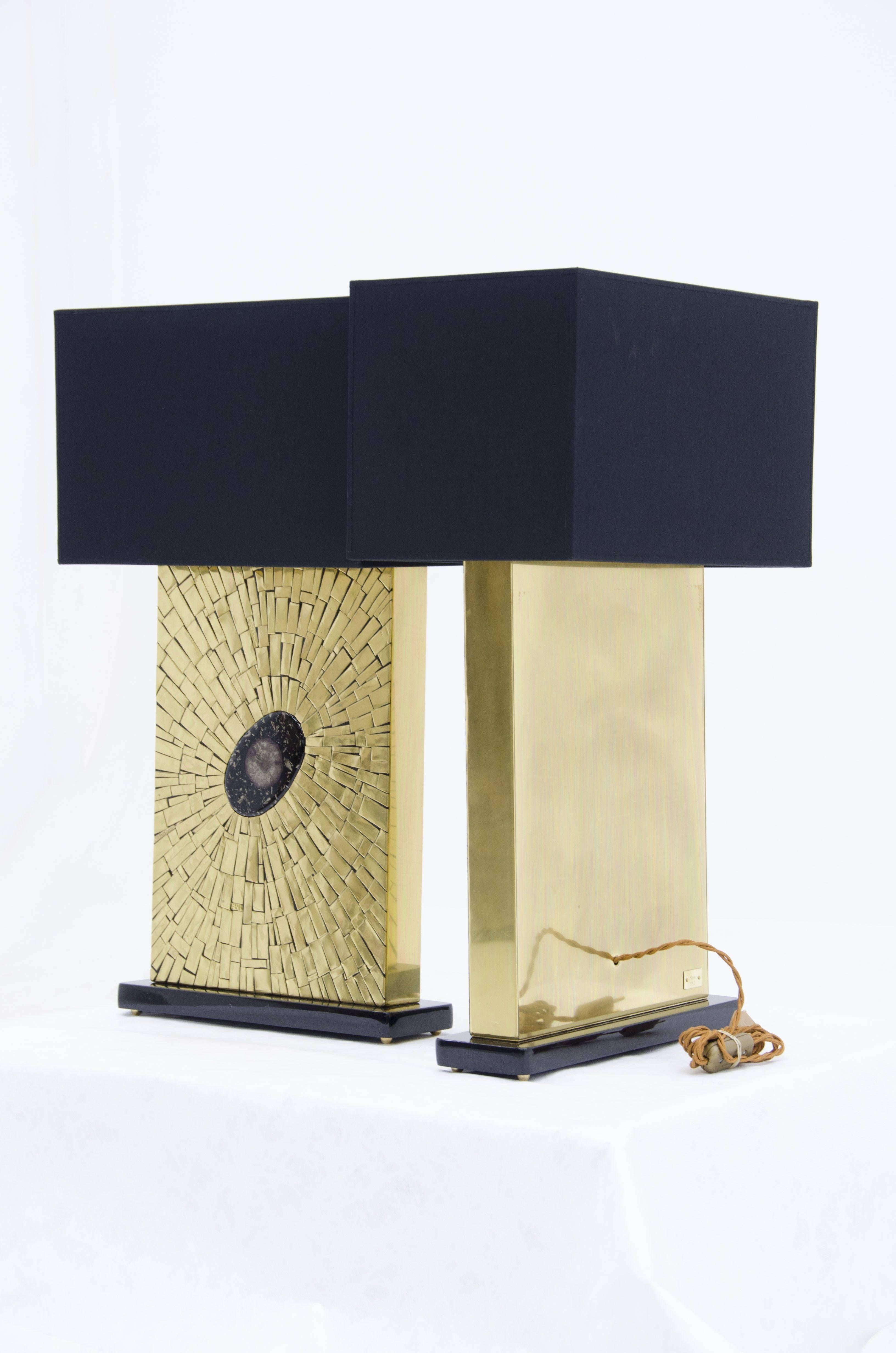 Pair of Brass Mosaic Lamps by Stan Usel In Excellent Condition For Sale In New York, NY