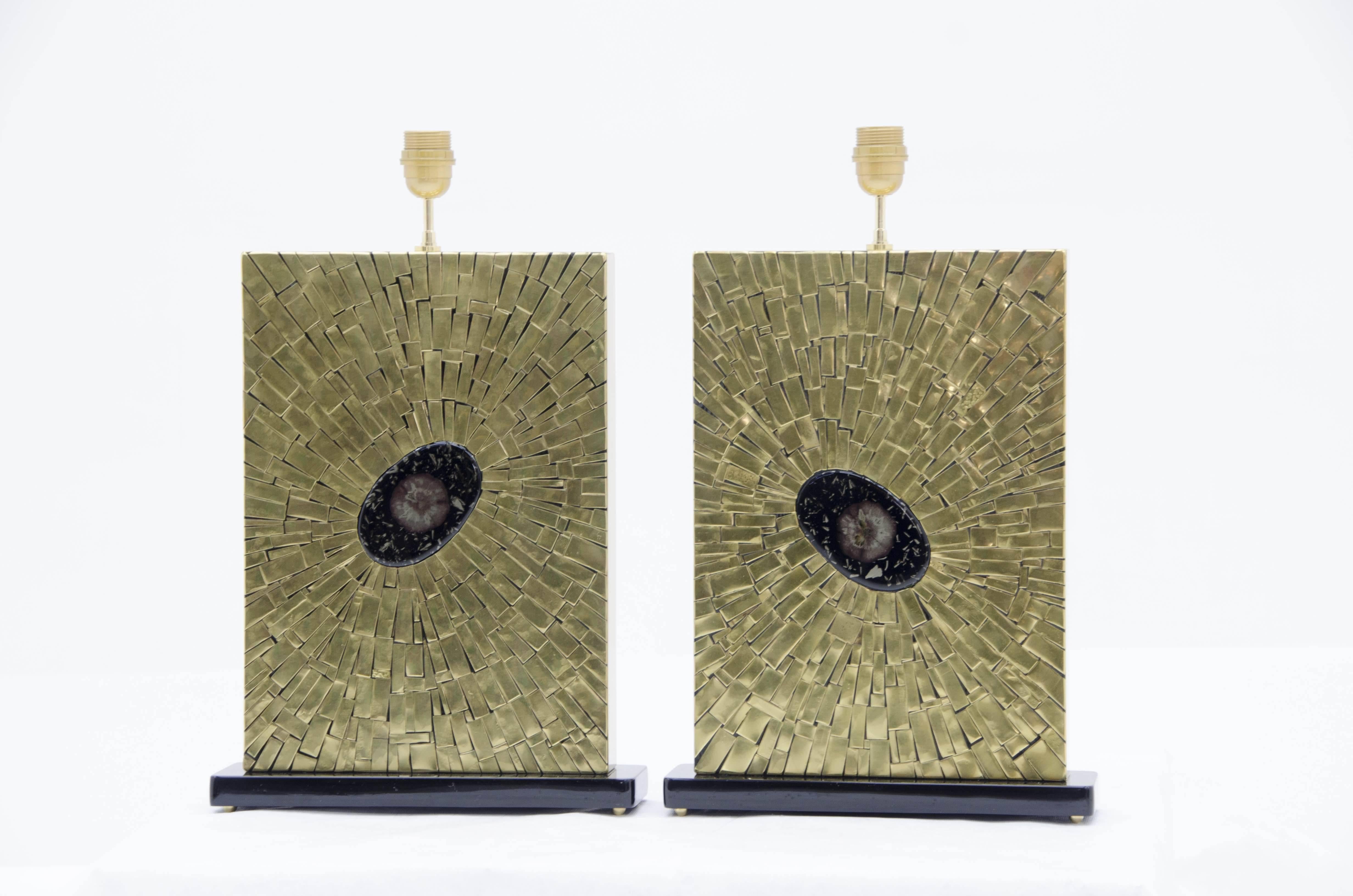 Pair of Brass Mosaic Lamps by Stan Usel For Sale 1