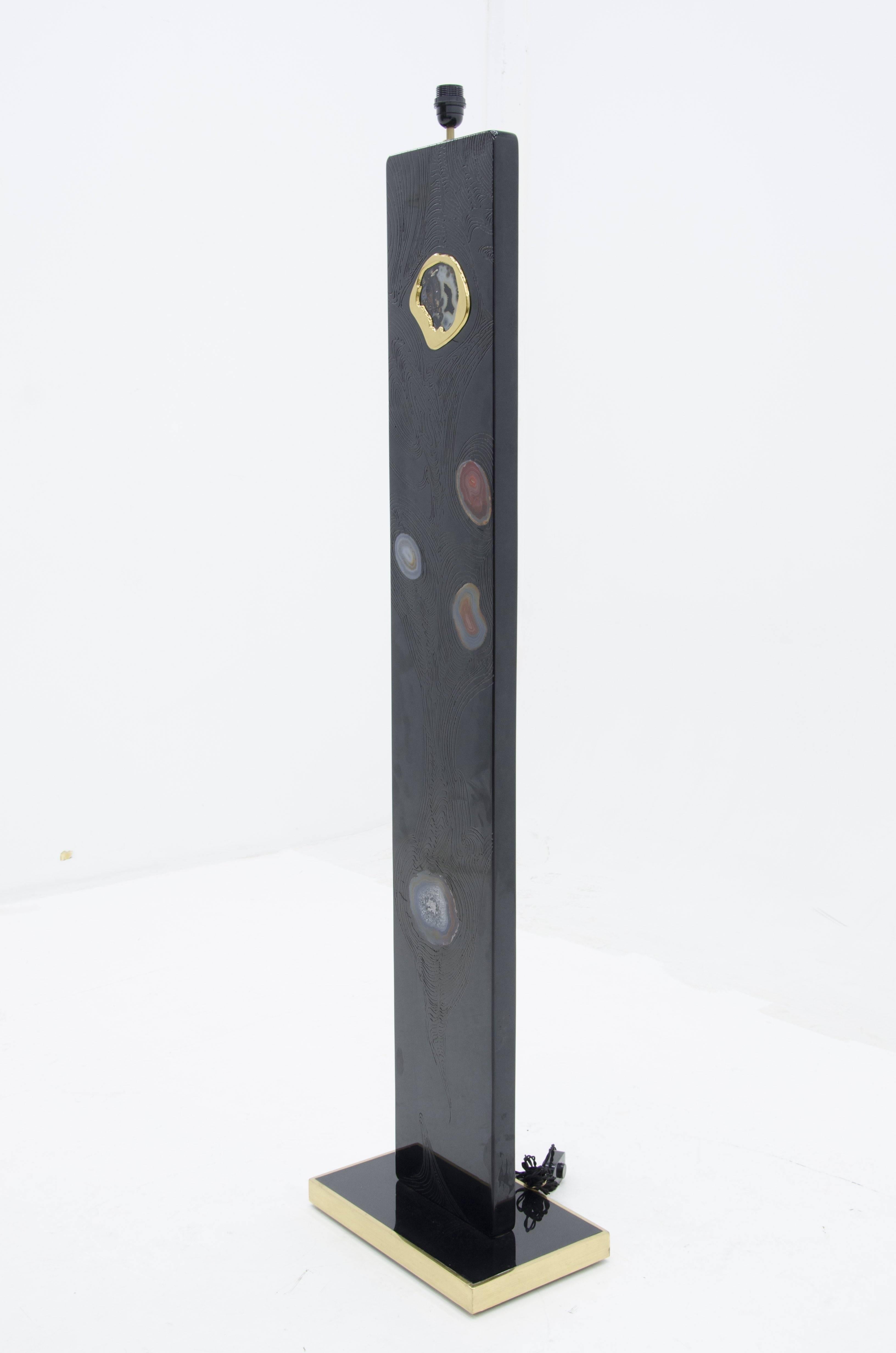 Belgian Floor Lamp in Black Resin Inlaid Agates by Stan Usel For Sale