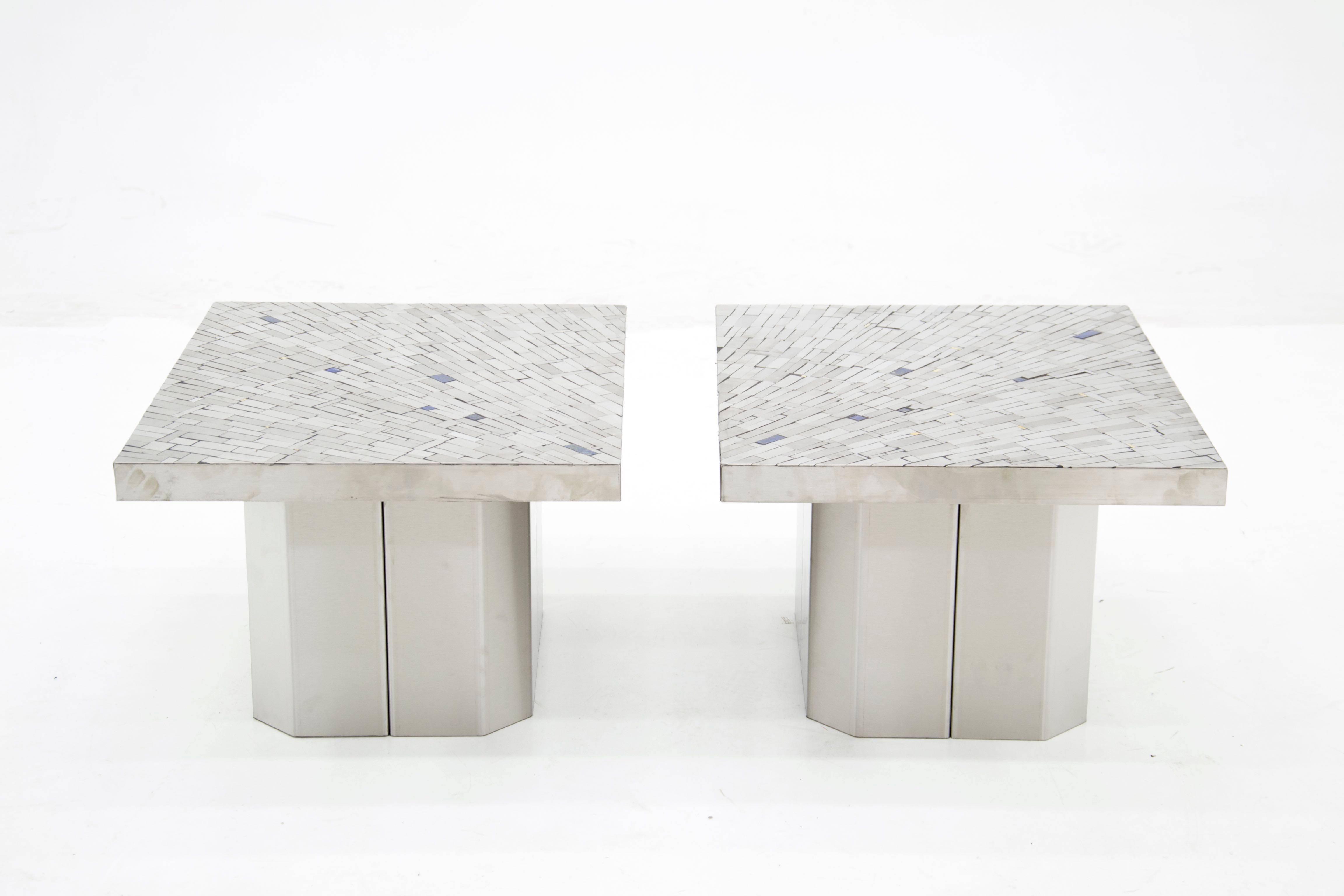 Belgian Pair of Side Tables Mosaic Stainless Steel and Lapis Lazuli by Stan Usel
