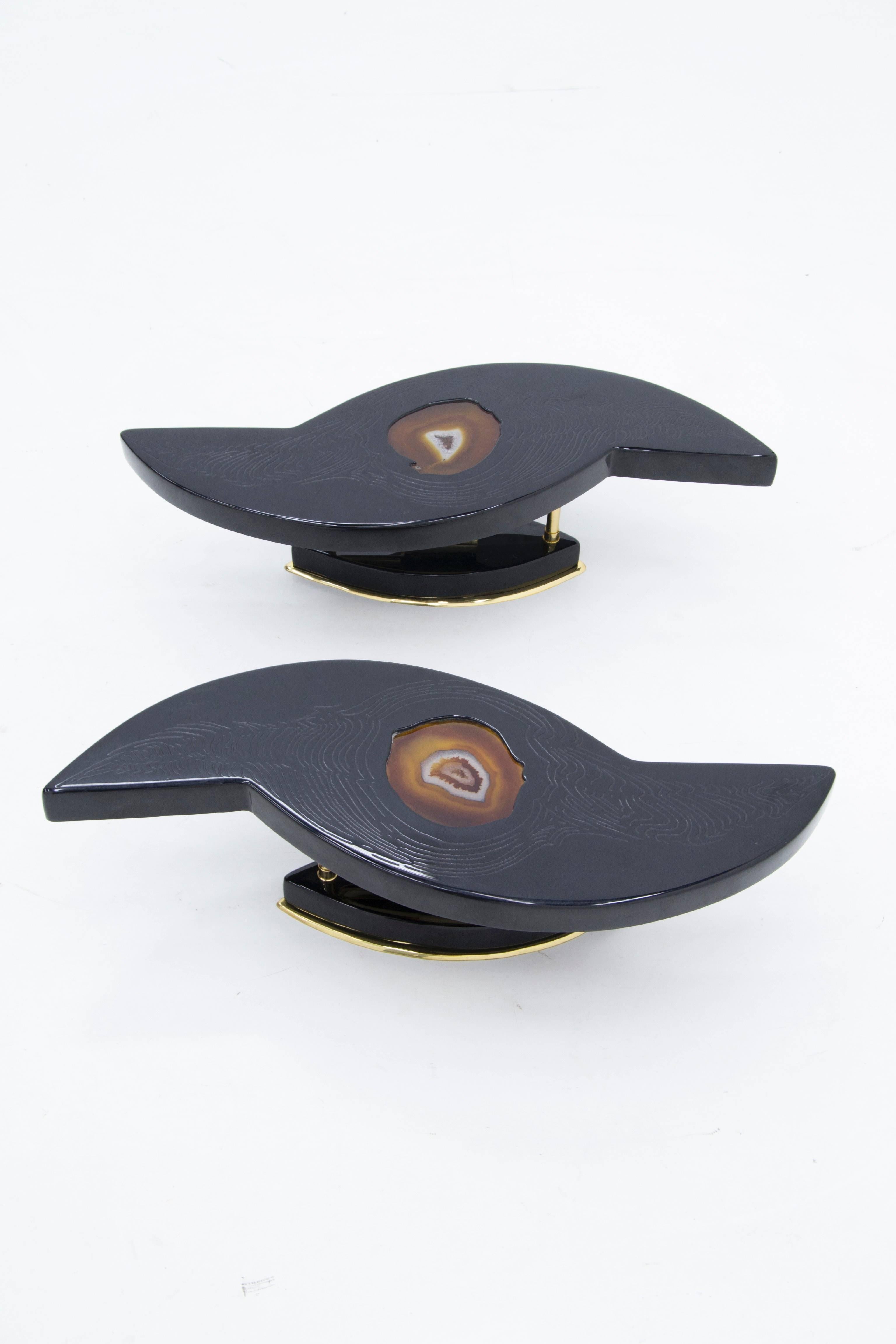 Pair of Sconces Black Resin Inlay Agates by Stan Usel In Excellent Condition For Sale In New York, NY