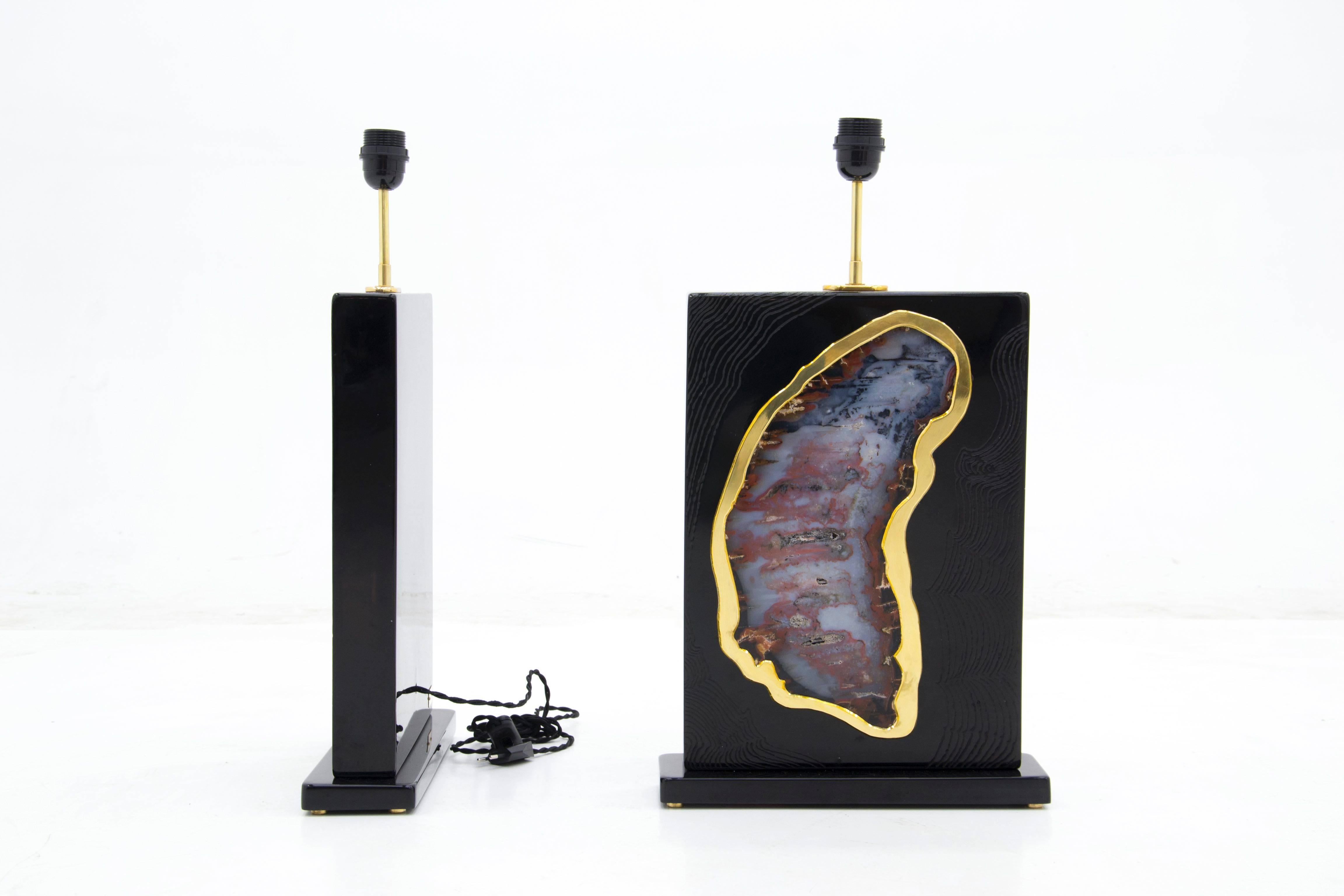Belgian Pair of Lamps by Stan Usel Black Resin Inlay Agates For Sale