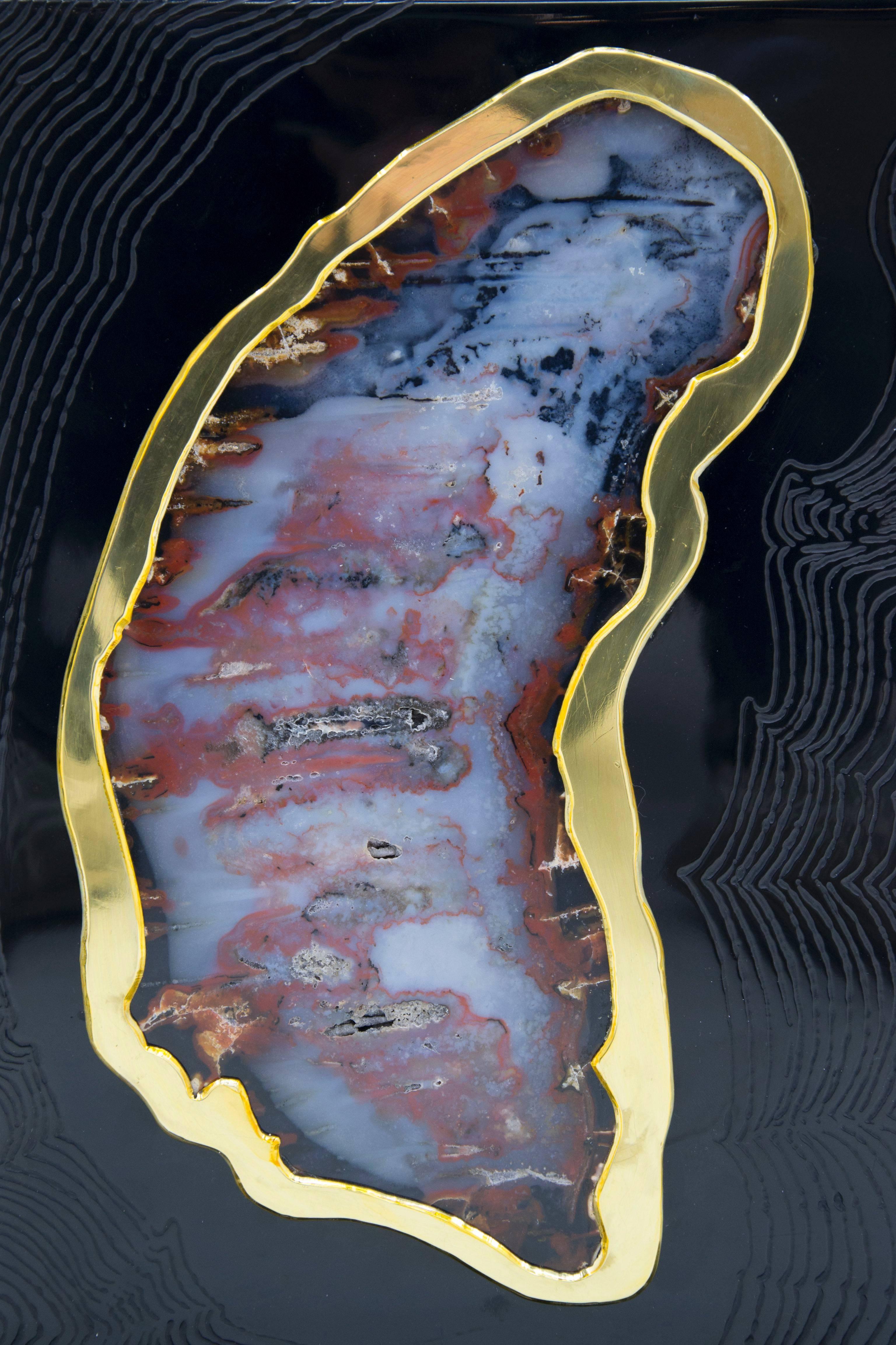 Intarsio Coppia di lampade di Stan Usel in resina nera con intarsi di agate in vendita
