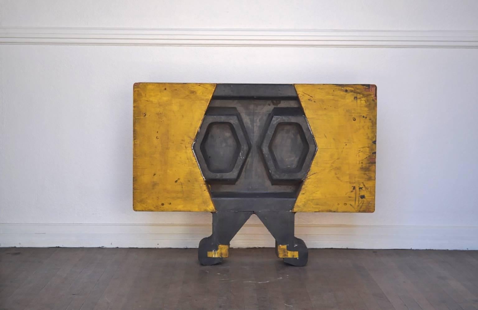 Industrial mold of unknown use functions as a tabletop, floor or wall-mounted sculpture.