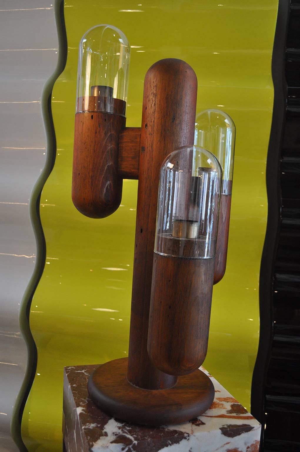 Cactus table lamp with handblown glass shades and wood. Beautiful warm rustic Mid-Century Modern design.