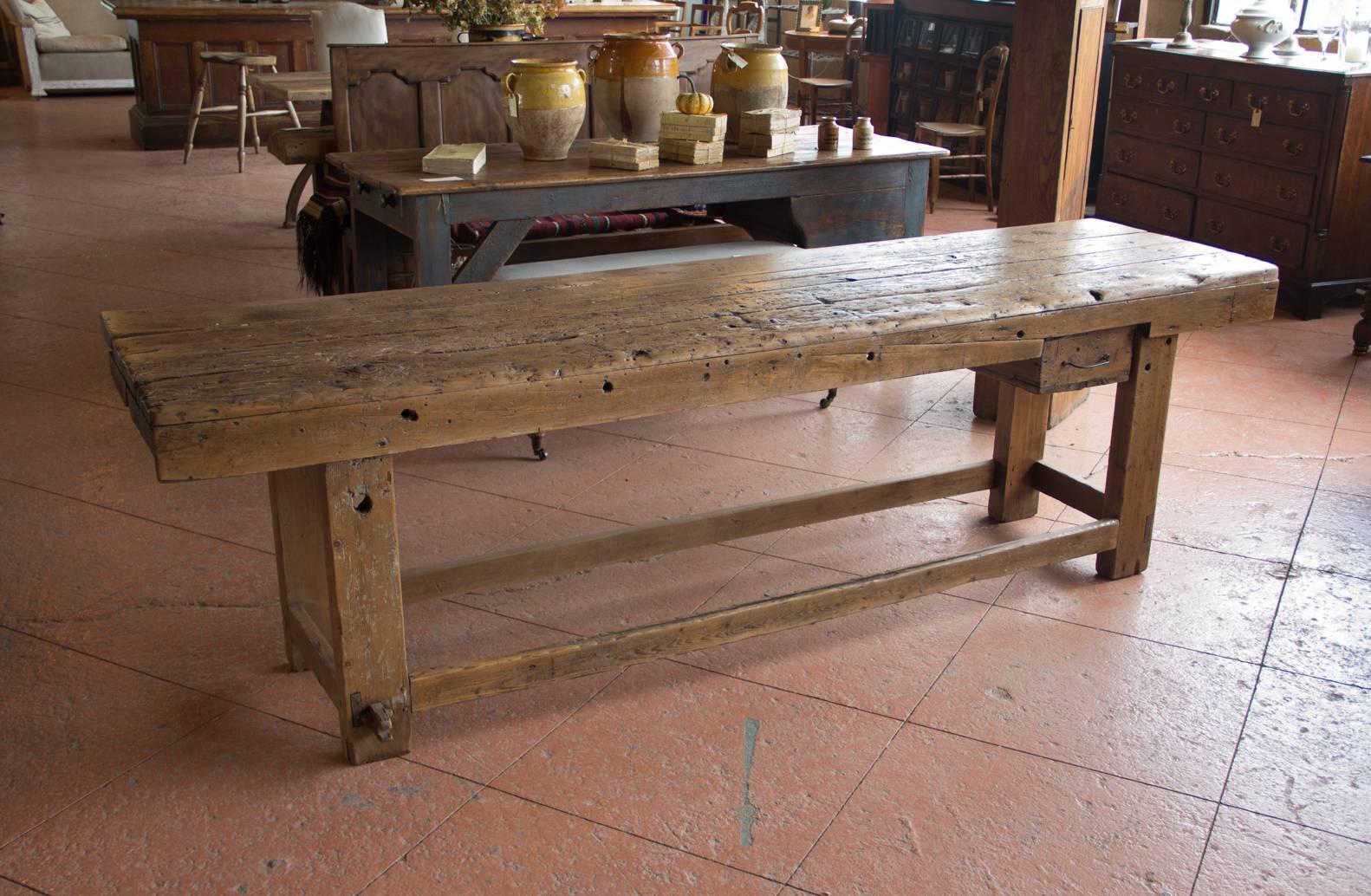 Super chunky antique American single drawer workbench with all the charm of a bench that was well used and cared for. Lovely top makes this a perfect kitchen piece.
