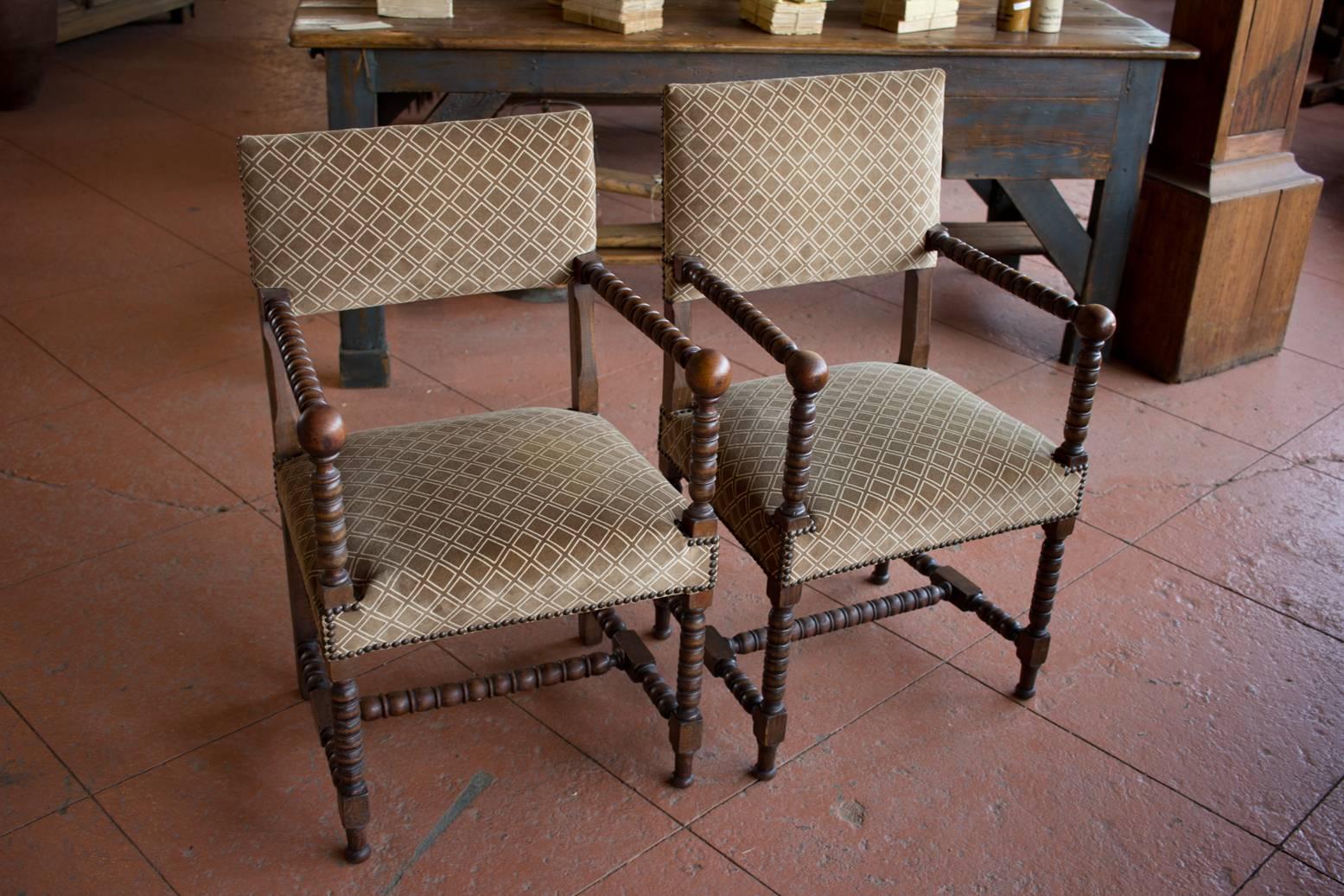 Pair of antique Jacobean style bobbin turned chairs.