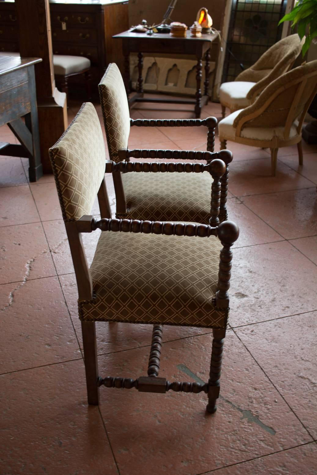 British Pair of Antique Jacobean Style Bobbin Turned Chairs