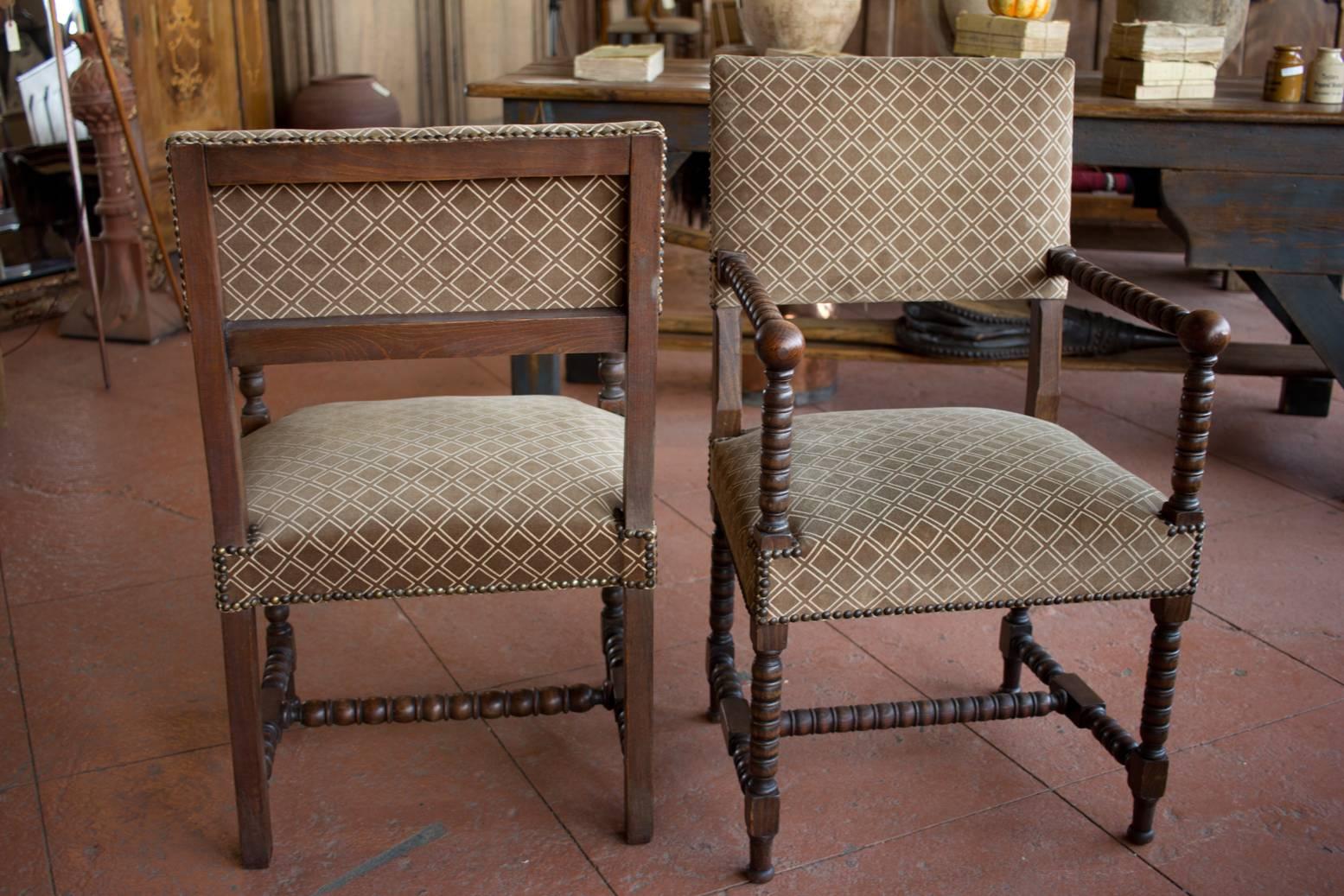 Wood Pair of Antique Jacobean Style Bobbin Turned Chairs