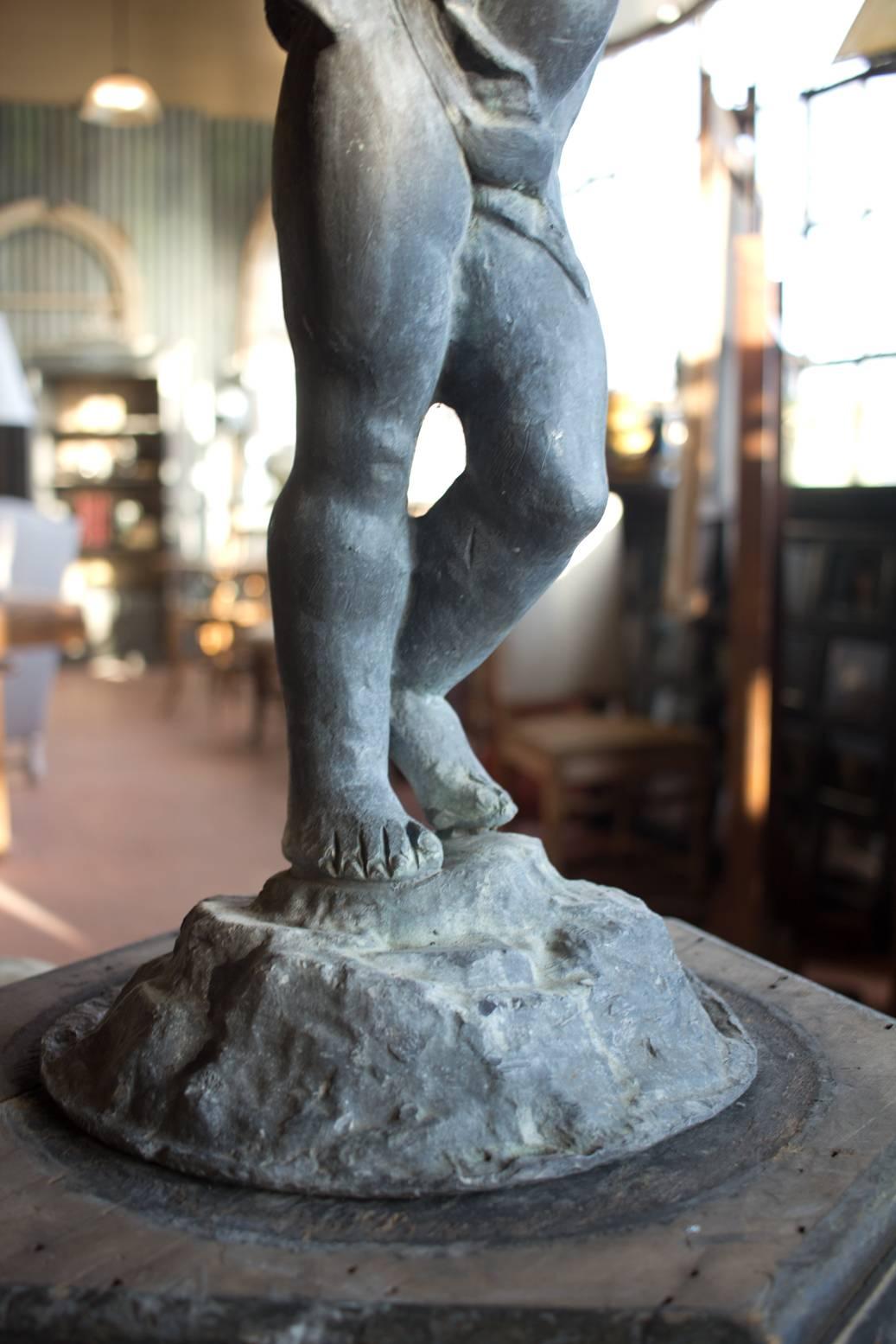 British 19th Century English Lead Putto on Wooden Plinth