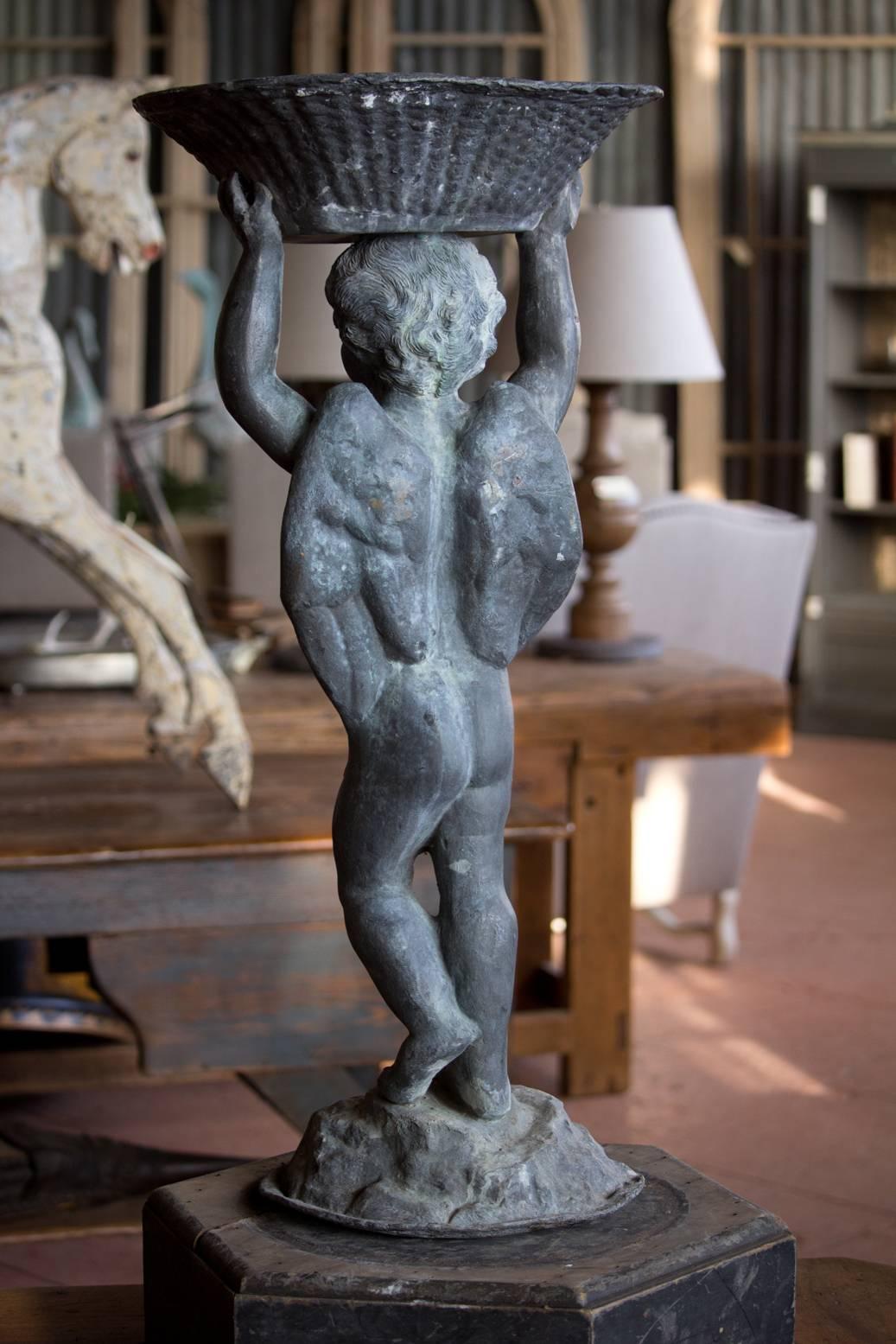 19th Century English Lead Putto on Wooden Plinth 4