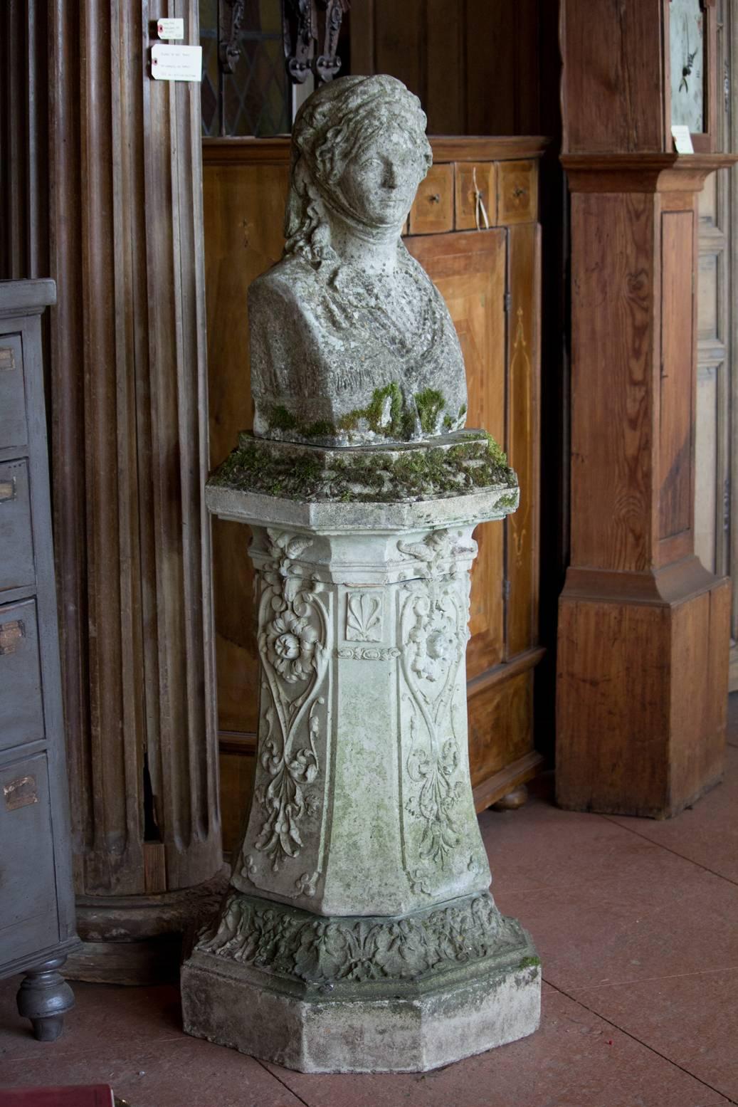 Antique  country garden composite stone bust of Frederica, Queen of Hanover, on highly decorated plinth with lovely patina.