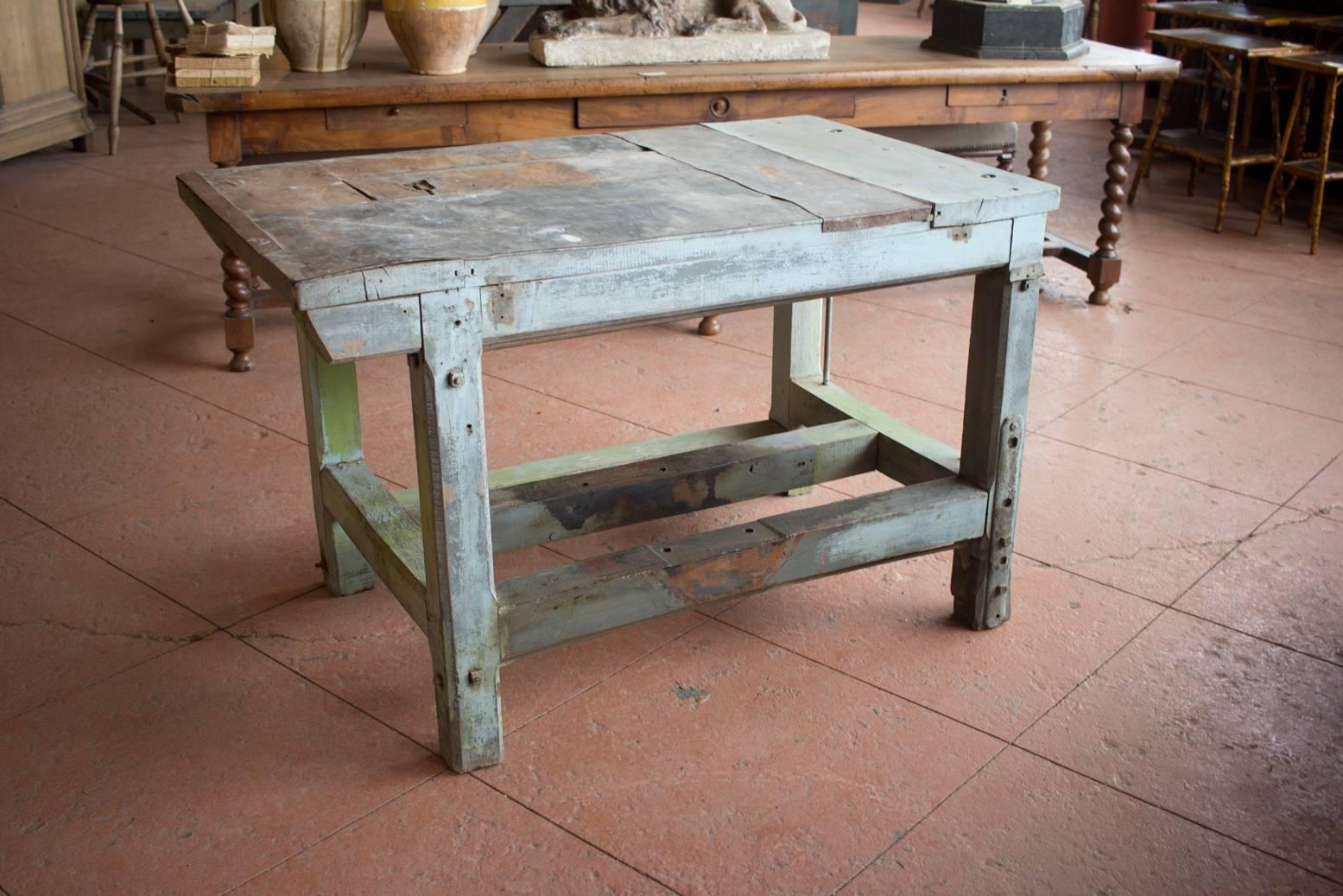 Vintage French zinc top Industrial work table with great patina and texture.