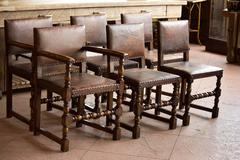 Set of Six Antique English Arts & Crafts Leather Dining Room Chairs