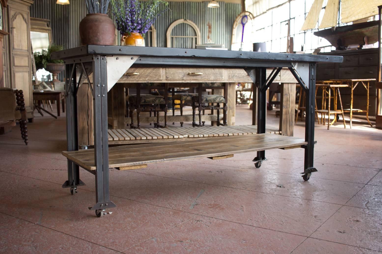 Industrial 19th Century Slate and Metal Kitchen Island