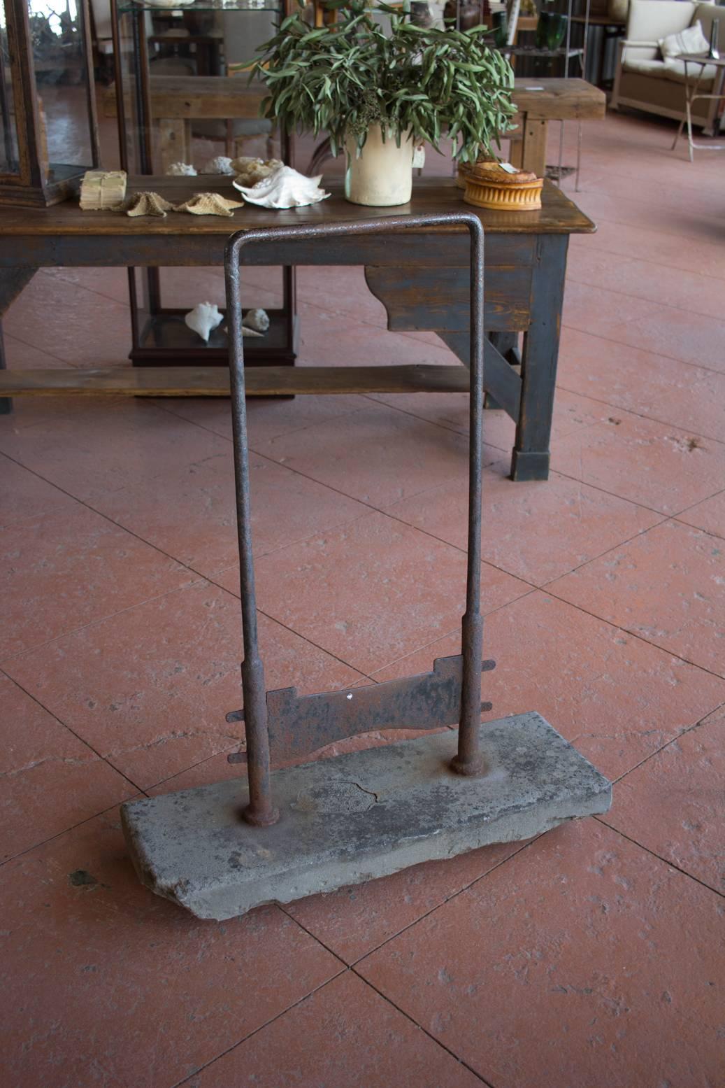 Rare country manor upright iron bootscraper set in it's original flagstone block. Wonderful patina on both the old iron and stone.