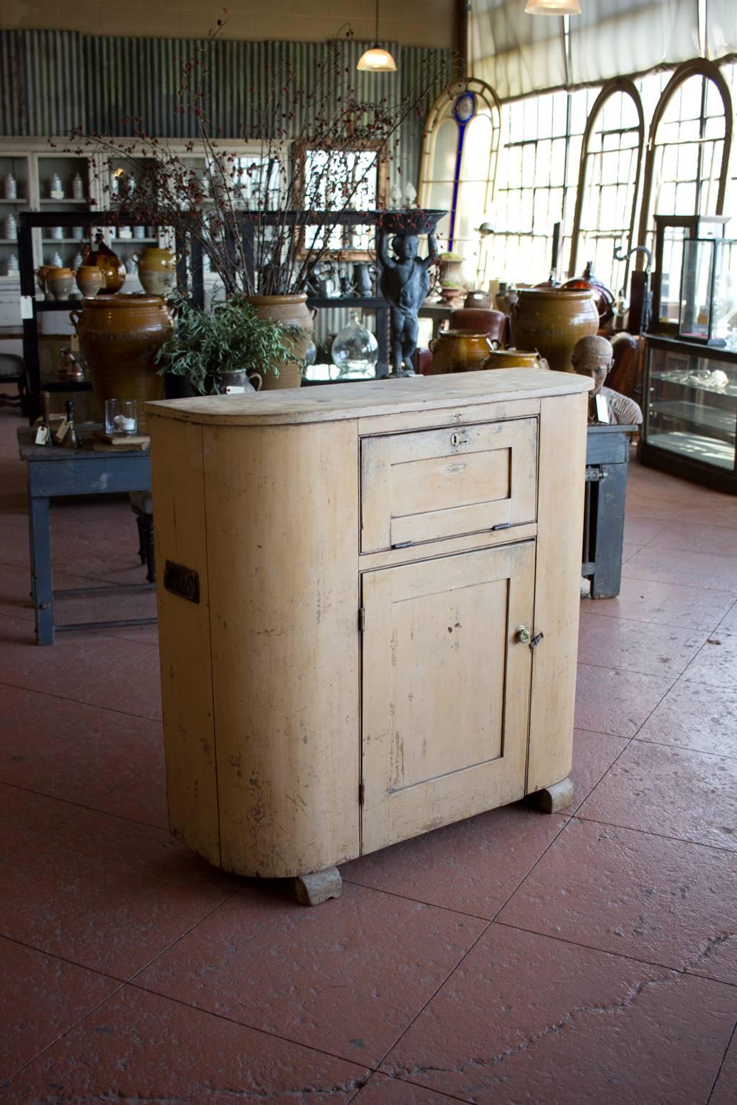 Rare Georgian curved proving cupboard with metal screen to back for cooling pies. Beautiful pale yellow original paint.