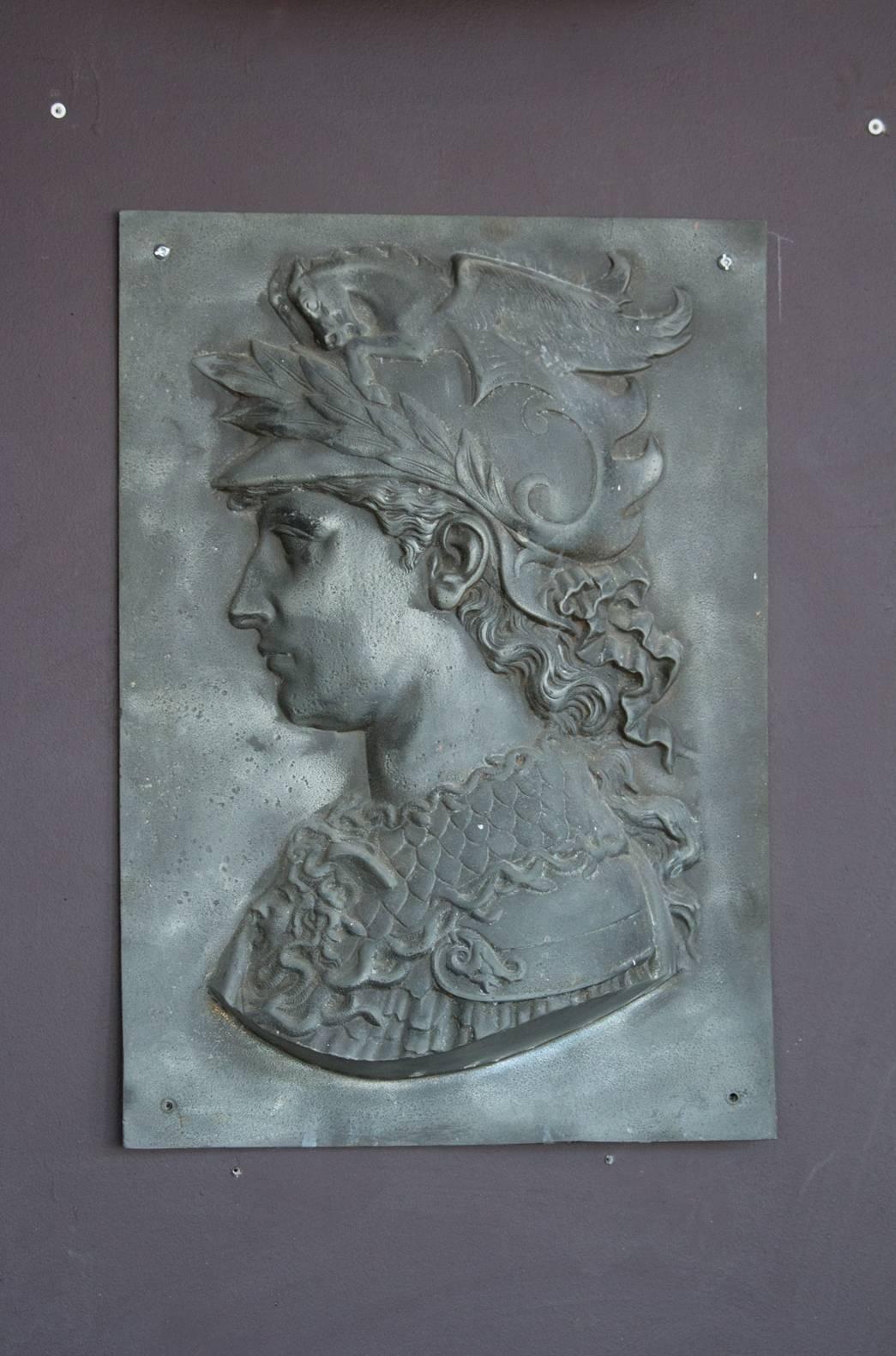 Fantastic antique lead plaque with fine detailing, possibly Apollo as it has a laurel leaf crown with Pegasus on top of his head.