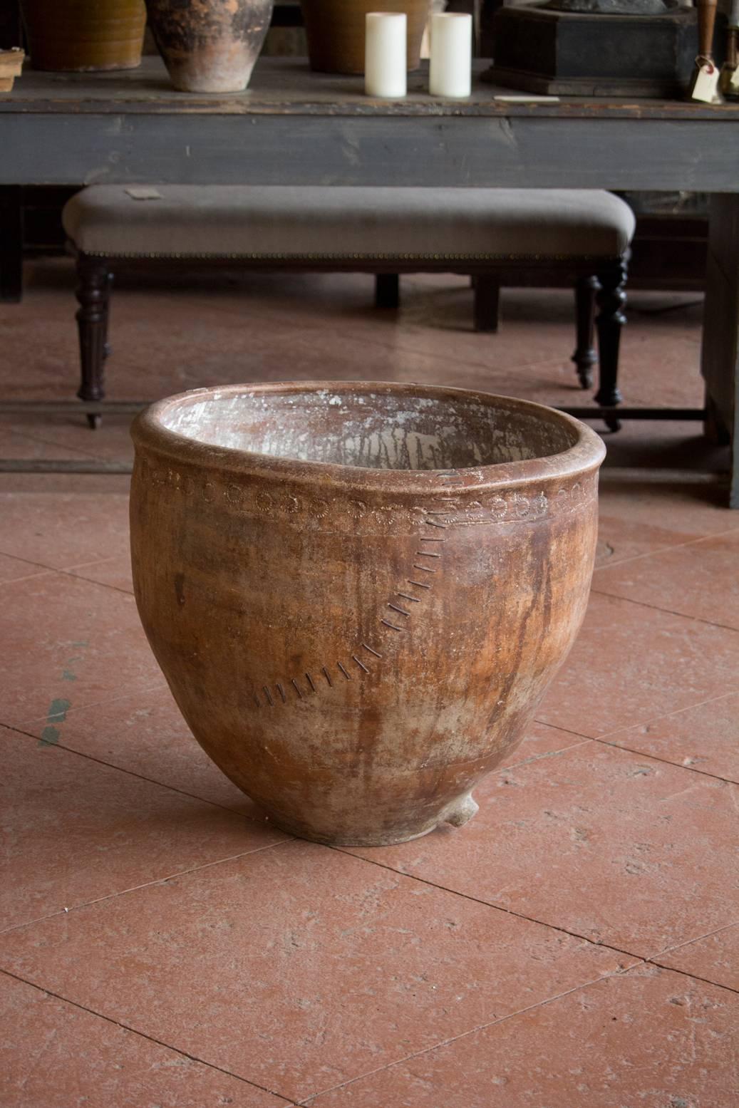 Antique large Catalan olive pot with beautiful old staple repair and patina.