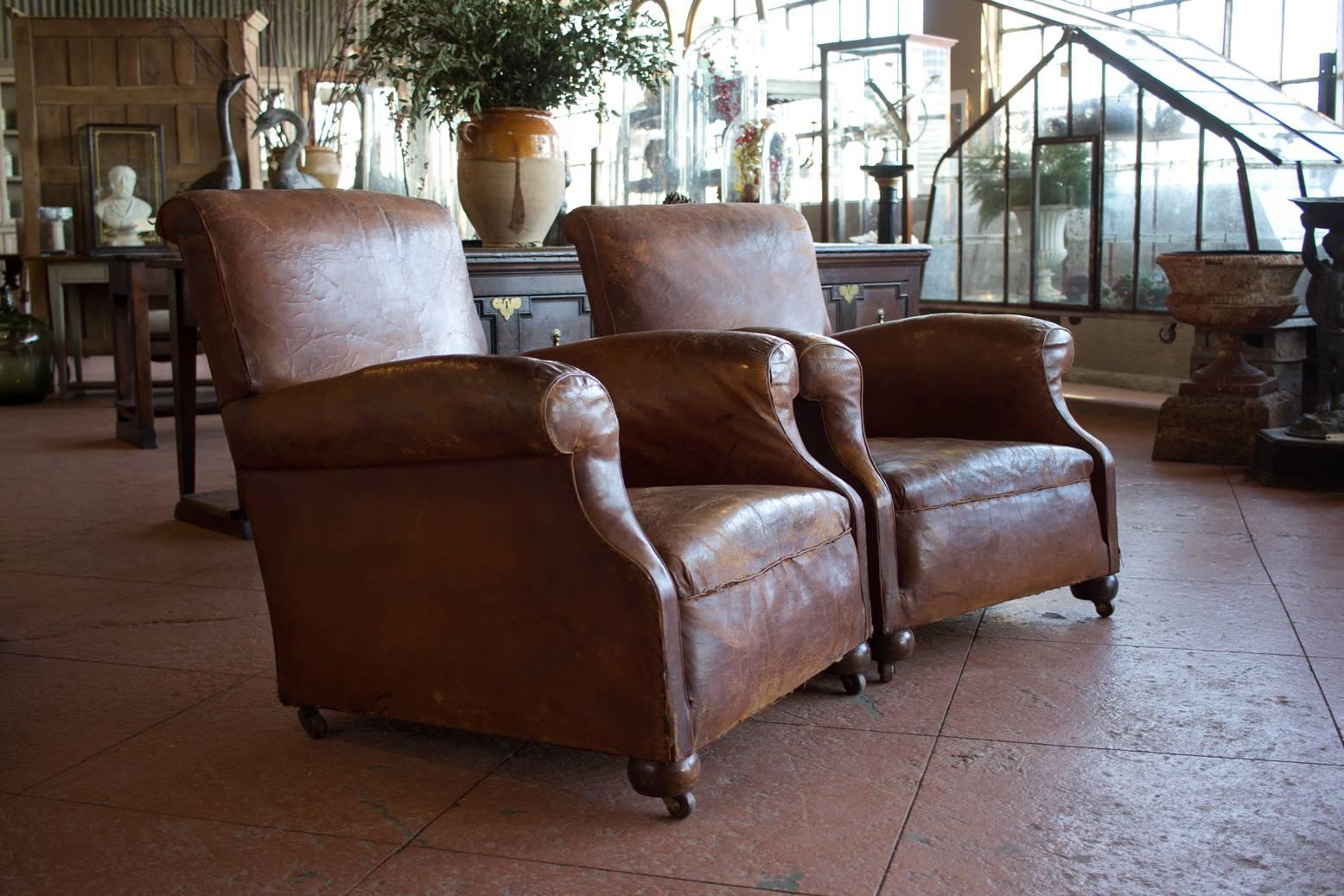 British Pair of English Vintage Leather Chairs