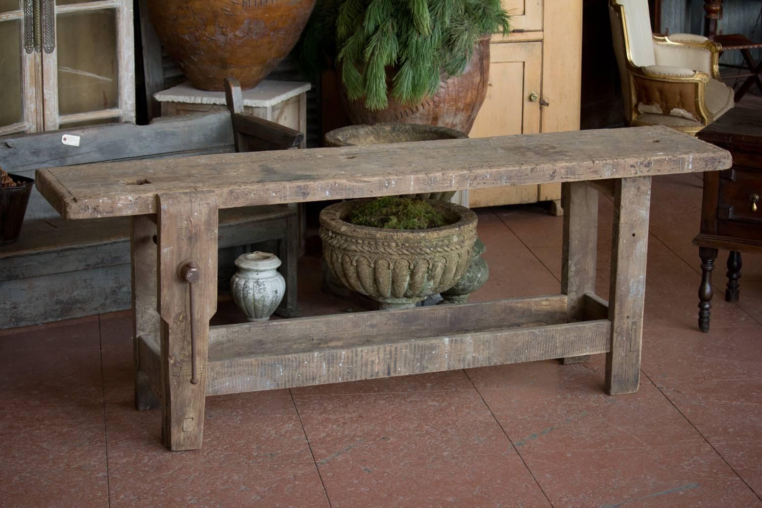 Antique French workbench with vise. Perfect console table.