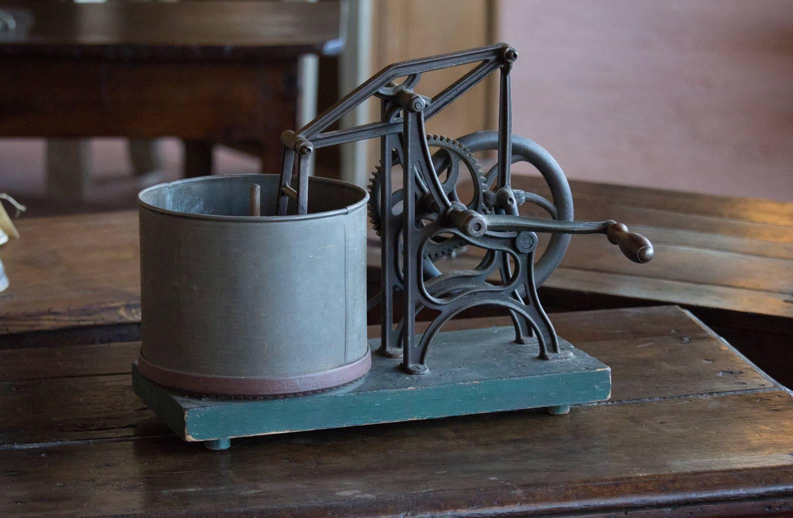 Late 19th century L.S. Starrett's mechanical food chopper with its original green paint, tin basin and wooden handle. The chopper was manufactured in Athol, MA.
 
