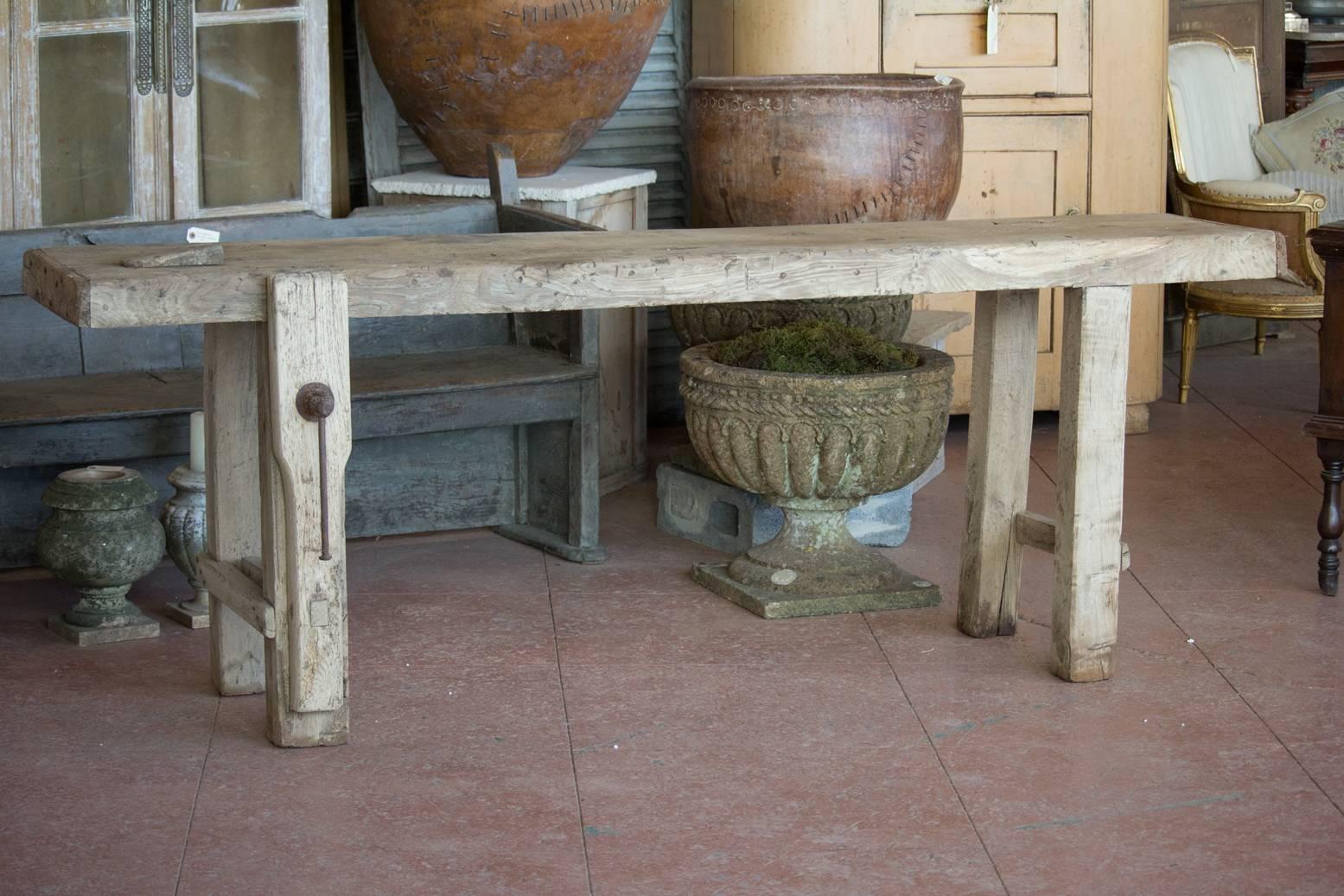 Antique French workbench with vise. Perfect console table. Beautiful color.