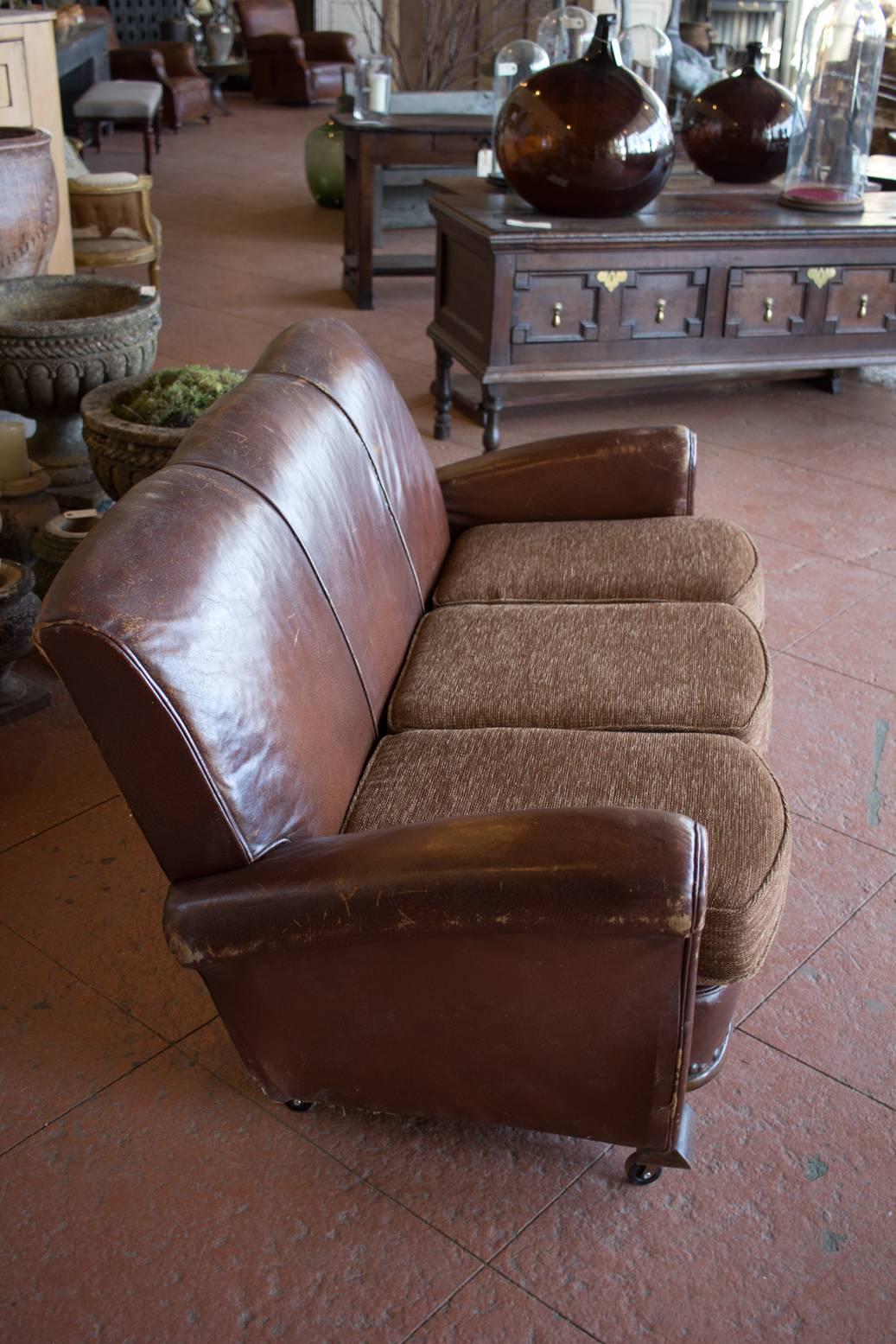 Mid-Century Modern Vintage French Leather Settee