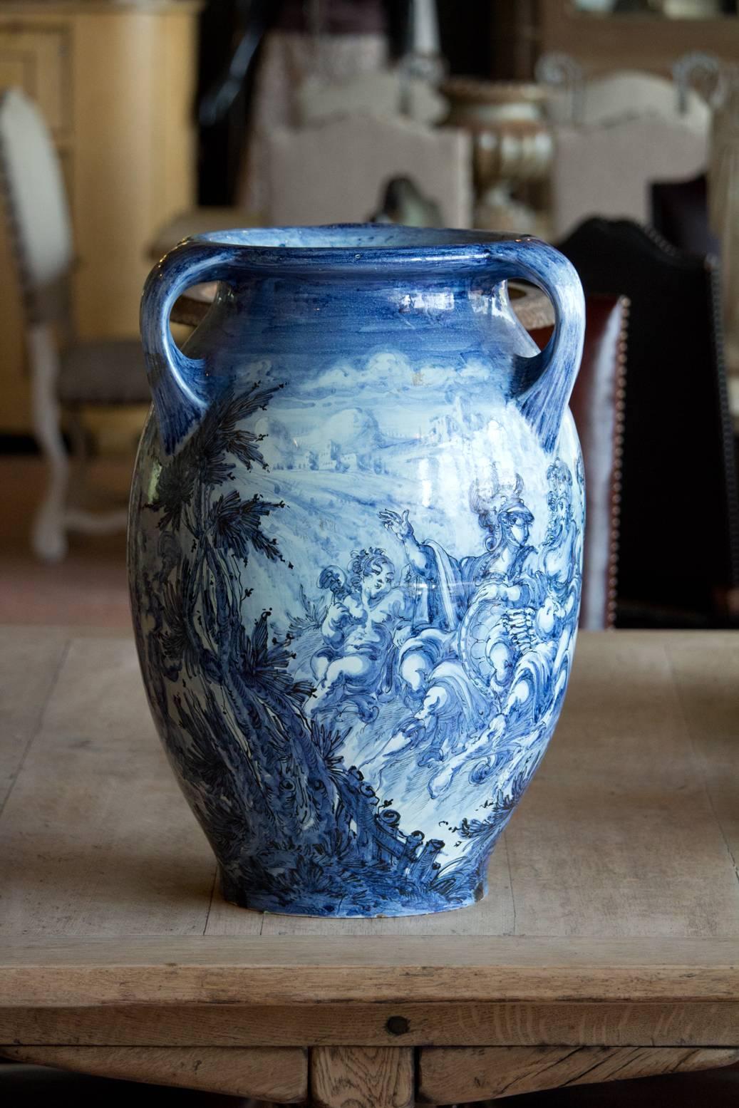 Very large antique blue and white Italian vase, decorated with beautiful classical scenes.