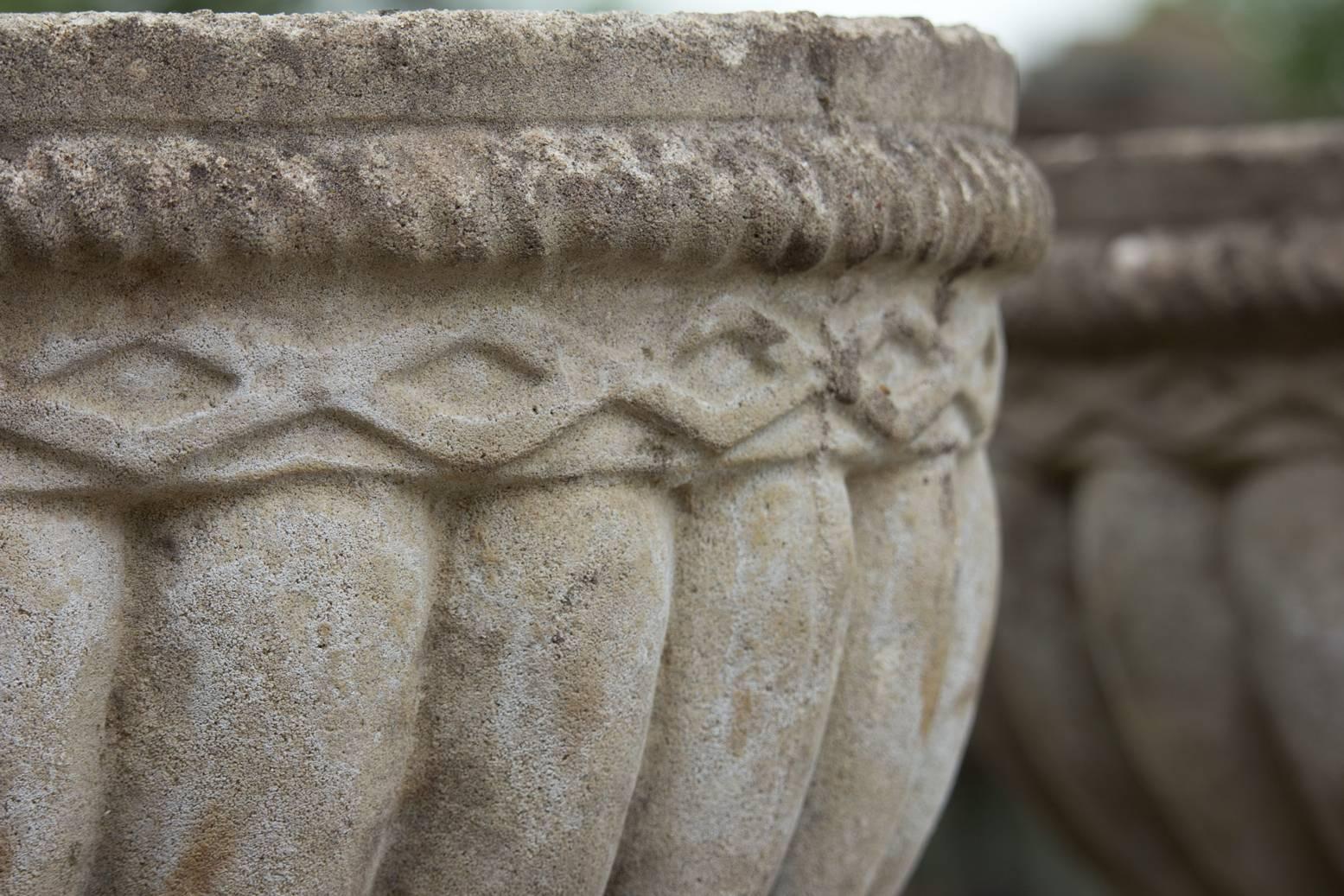 Cast Stone Set of Four Large English Stone Urns on Plinths