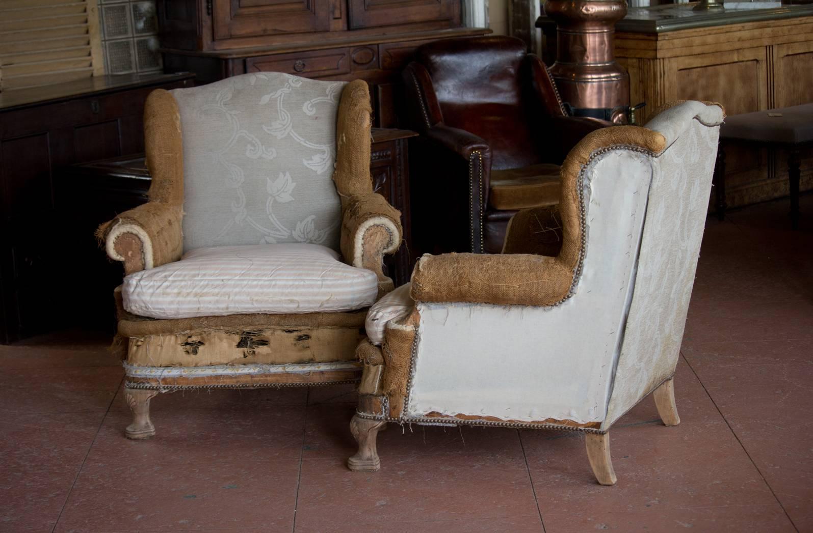 Walnut Pair of Antique Queen Anne Deconstructed Wingback Chairs