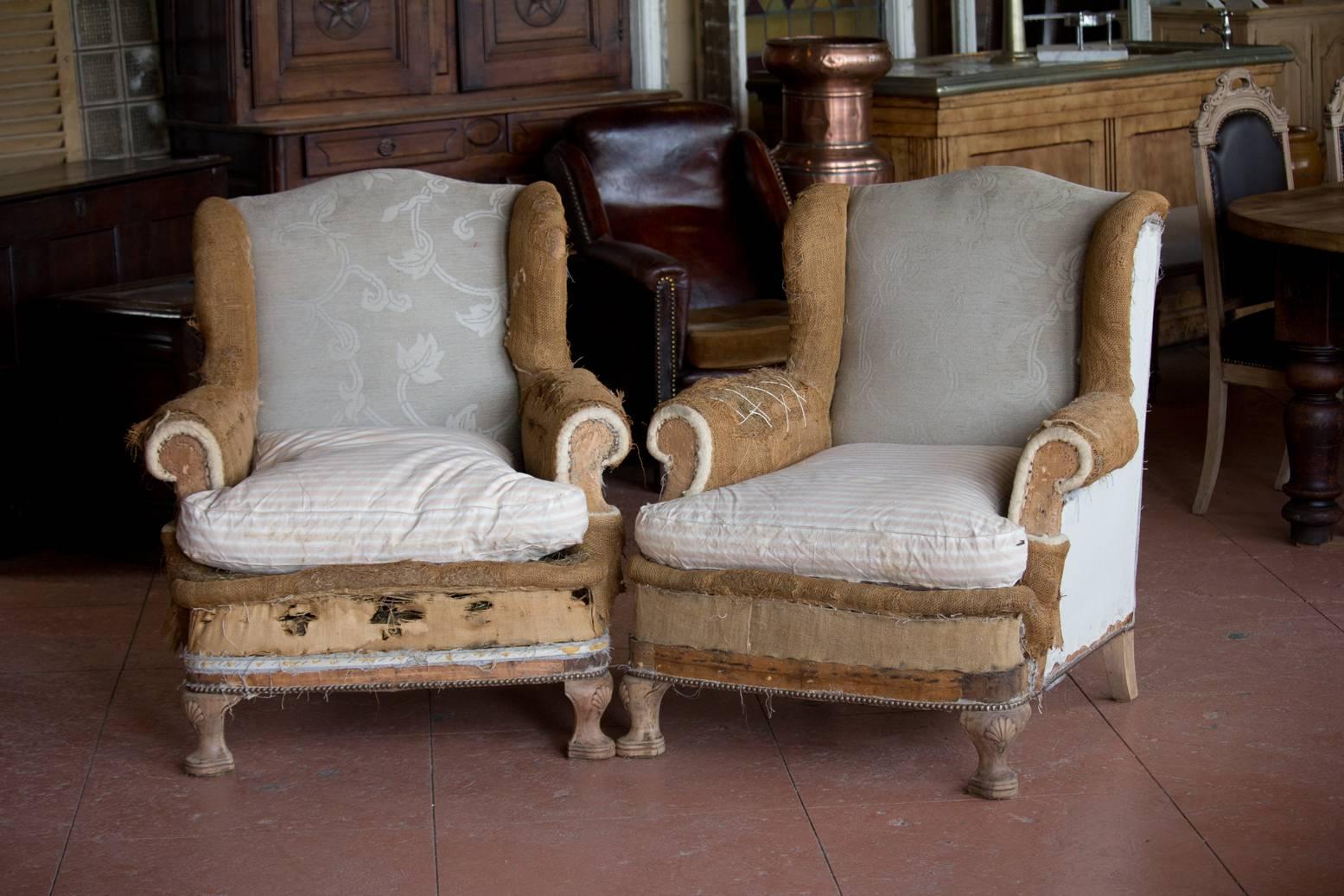 Pair of Antique Queen Anne Deconstructed Wingback Chairs 2
